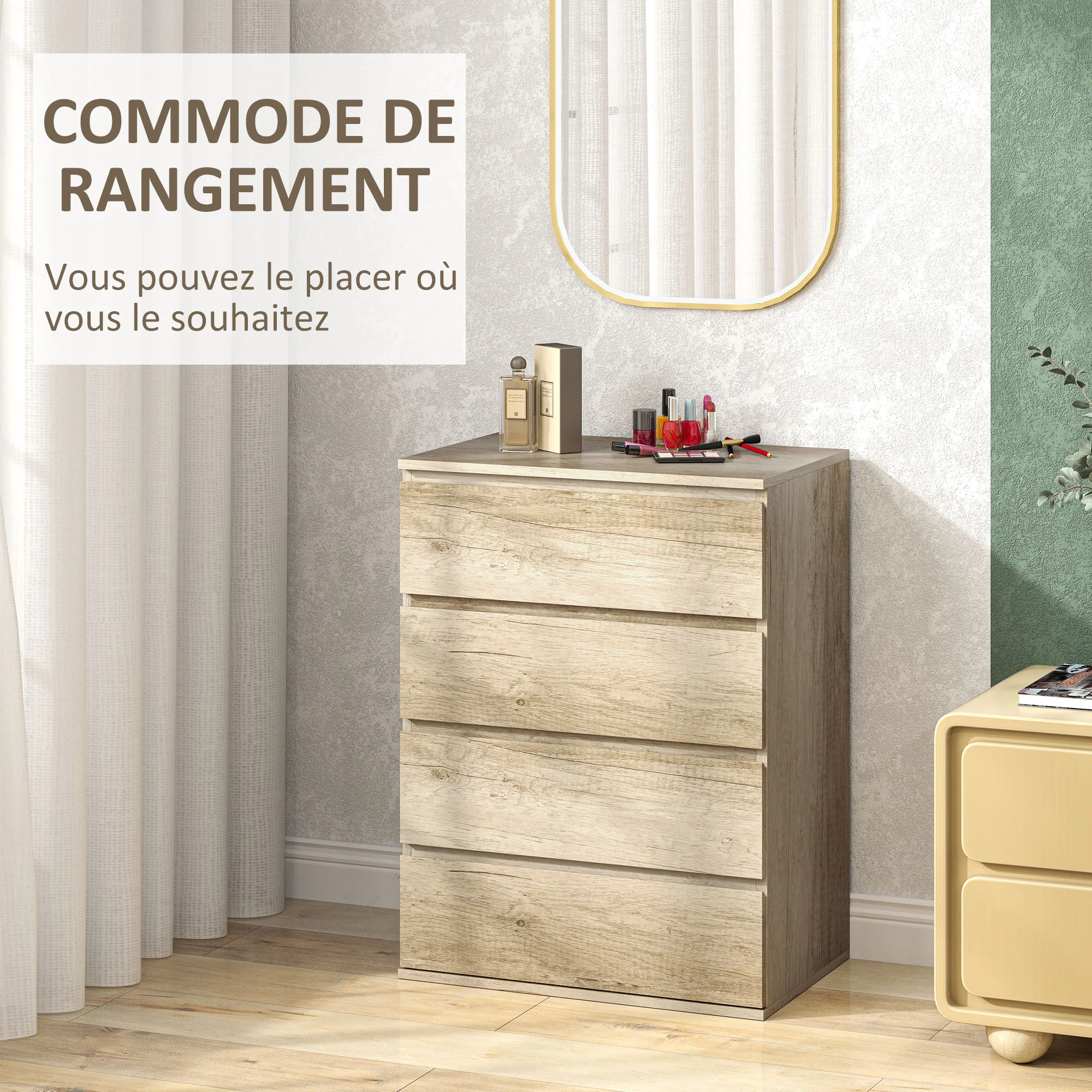 Commode 4 tiroirs commode chambre meuble de rangement épuré style moderne avec mécanisme de fermeture en douceur, pour chambre à coucher, salon - 60 x 40 x 80 cm, bois naturel - Image 5