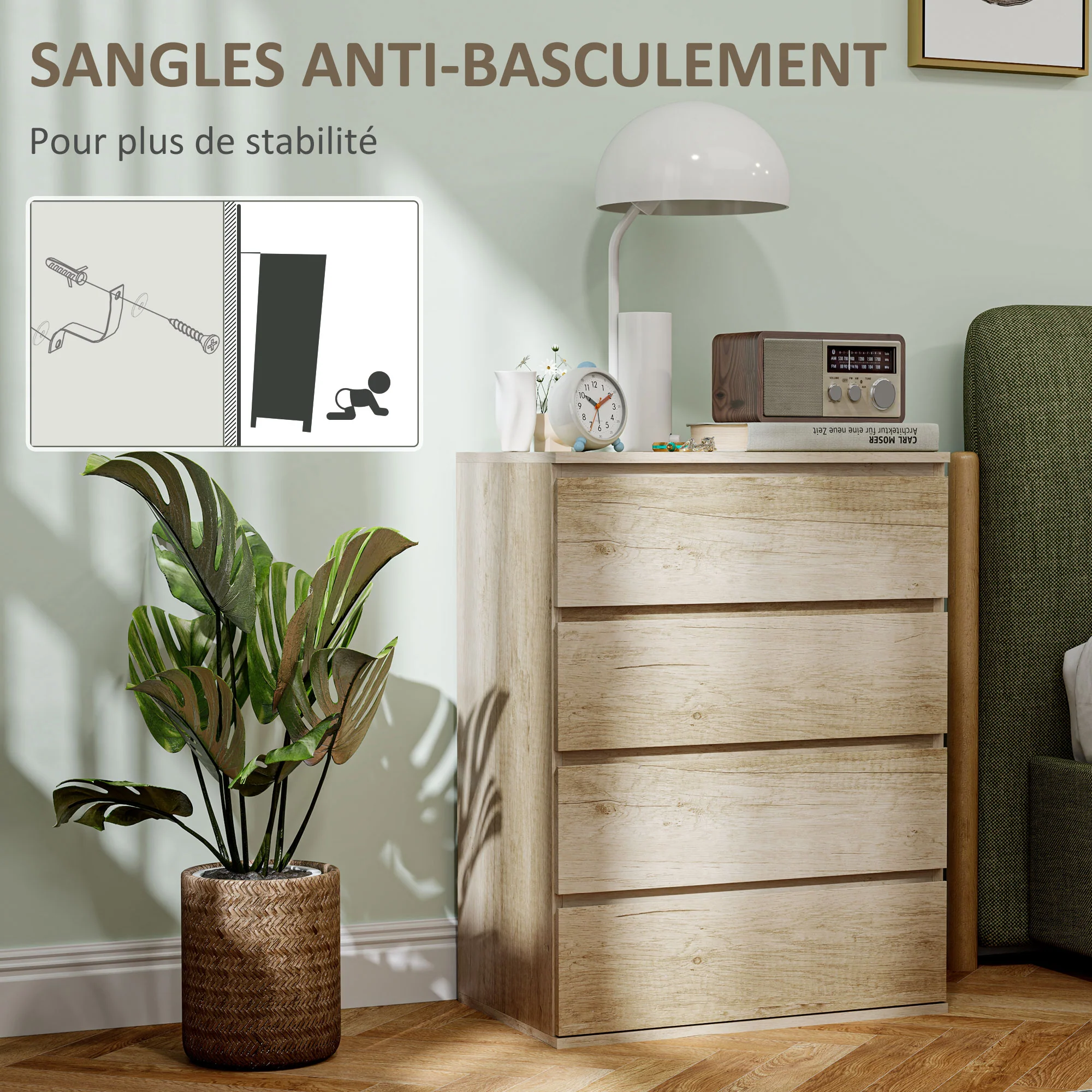 Commode 4 tiroirs commode chambre meuble de rangement épuré style moderne avec mécanisme de fermeture en douceur, pour chambre à coucher, salon - 60 x 40 x 80 cm, bois naturel - Image 7