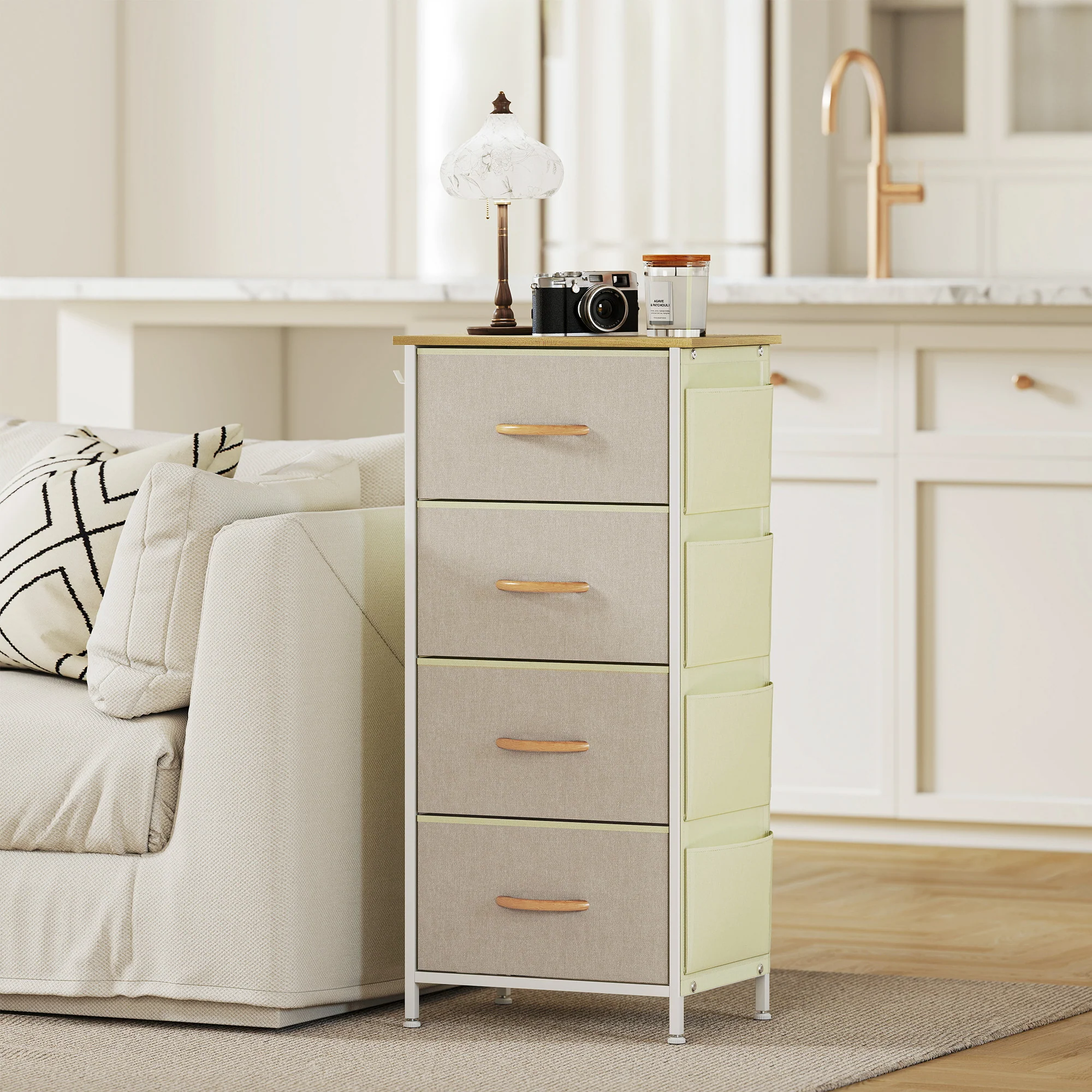 Commode 4 tiroirs en tissu, meuble de rangement avec 4 poches, 2 crochets, structure en acier, chiffonnier pour salon, chambre, entrée, beige - Image 10