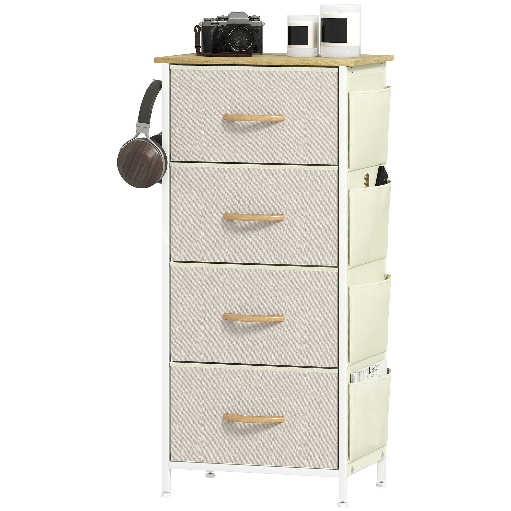 Commode 4 tiroirs en tissu, meuble de rangement avec 4 poches, 2 crochets, structure en acier, chiffonnier pour salon, chambre, entrée, beige - Image 11