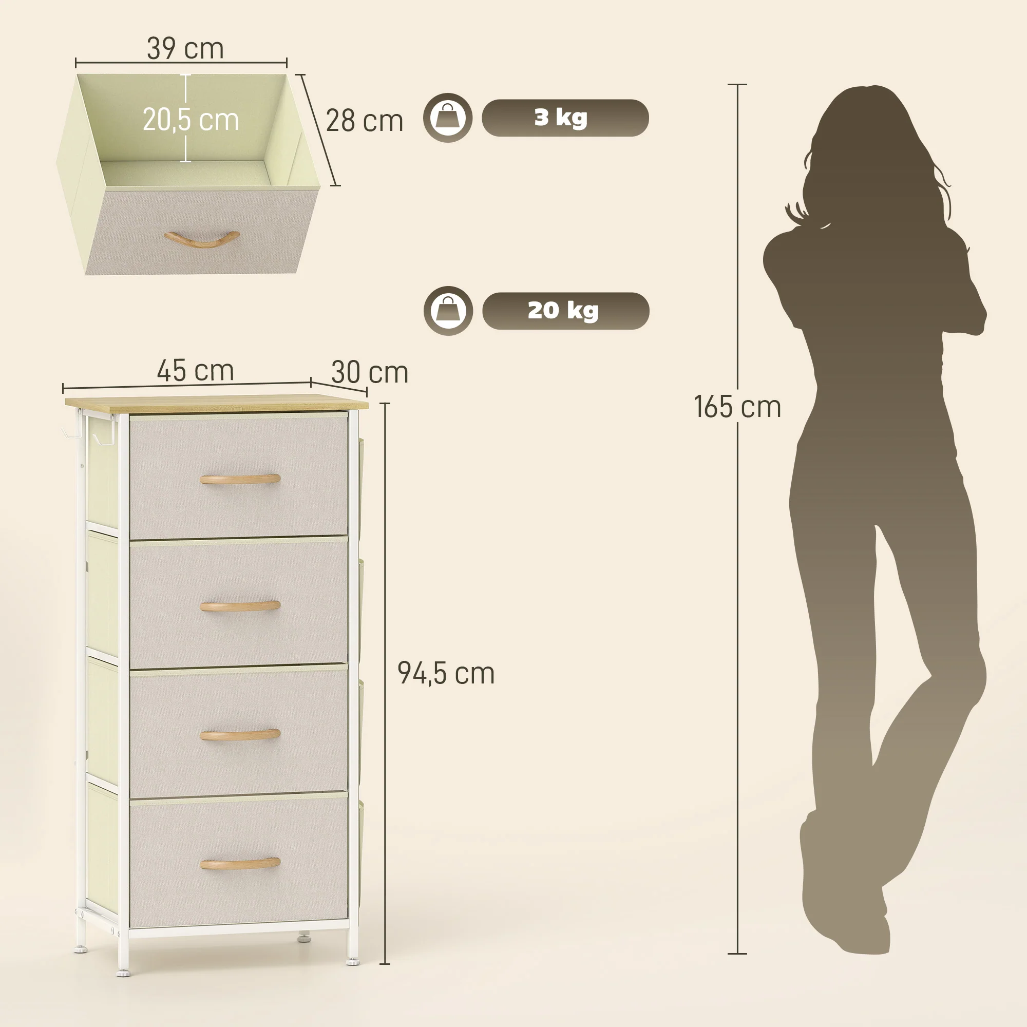 Commode 4 tiroirs en tissu, meuble de rangement avec 4 poches, 2 crochets, structure en acier, chiffonnier pour salon, chambre, entrée, beige - Image 4