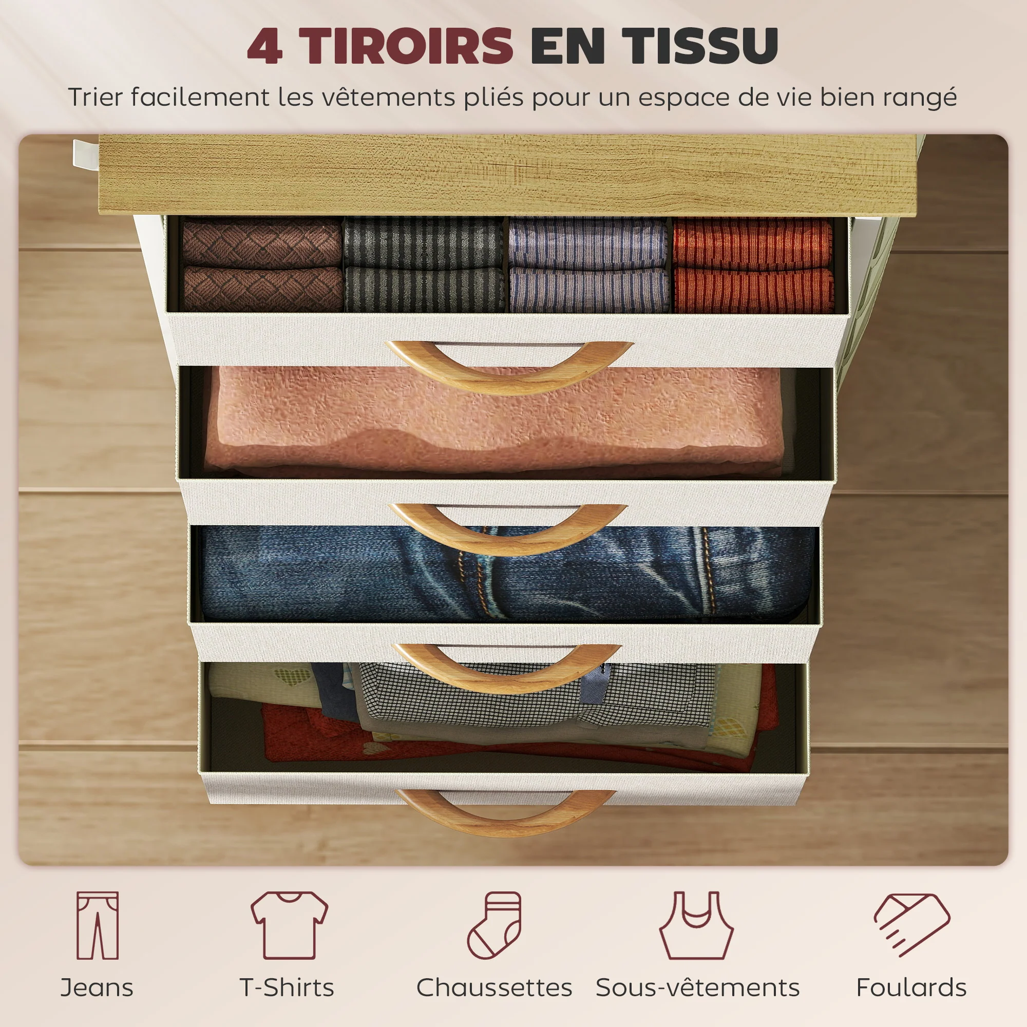 Commode 4 tiroirs en tissu, meuble de rangement avec 4 poches, 2 crochets, structure en acier, chiffonnier pour salon, chambre, entrée, beige - Image 5