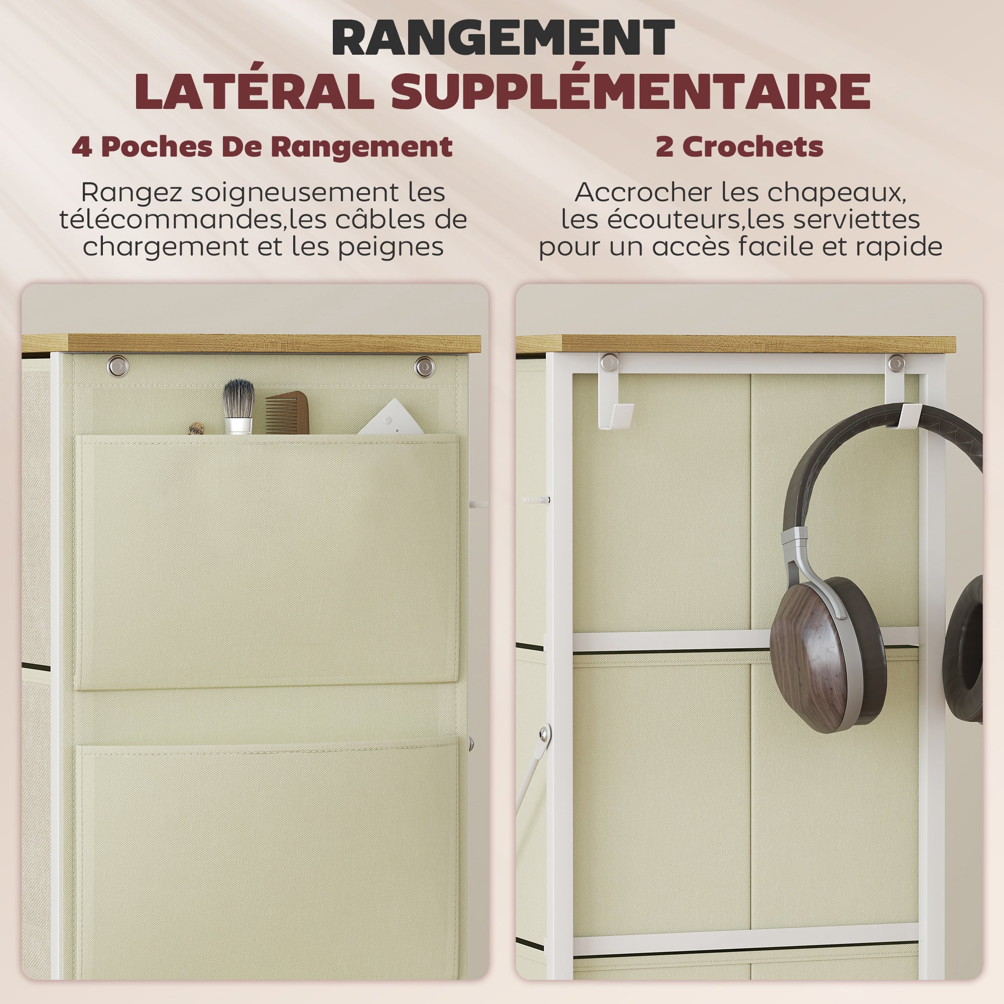 Commode 4 tiroirs en tissu, meuble de rangement avec 4 poches, 2 crochets, structure en acier, chiffonnier pour salon, chambre, entrée, beige - Image 6