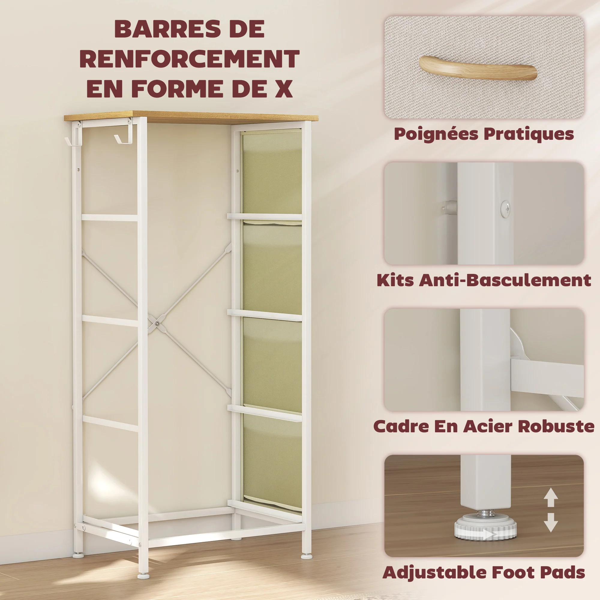 Commode 4 tiroirs en tissu, meuble de rangement avec 4 poches, 2 crochets, structure en acier, chiffonnier pour salon, chambre, entrée, beige - Image 7