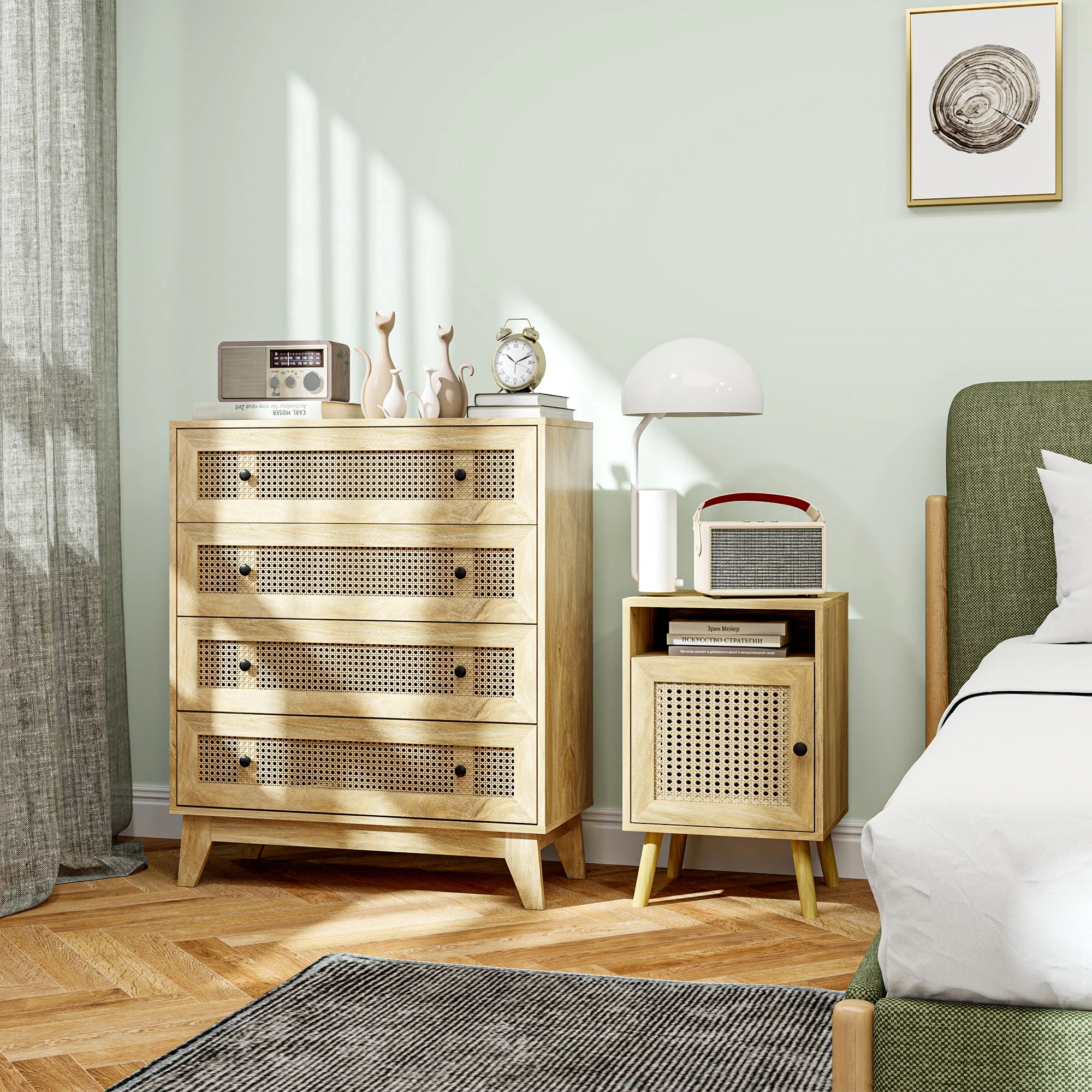 Commode 4 tiroirs meuble de rangement cannage en rotin 80 x 35 x 95 cm aspect bois clair - Image 10