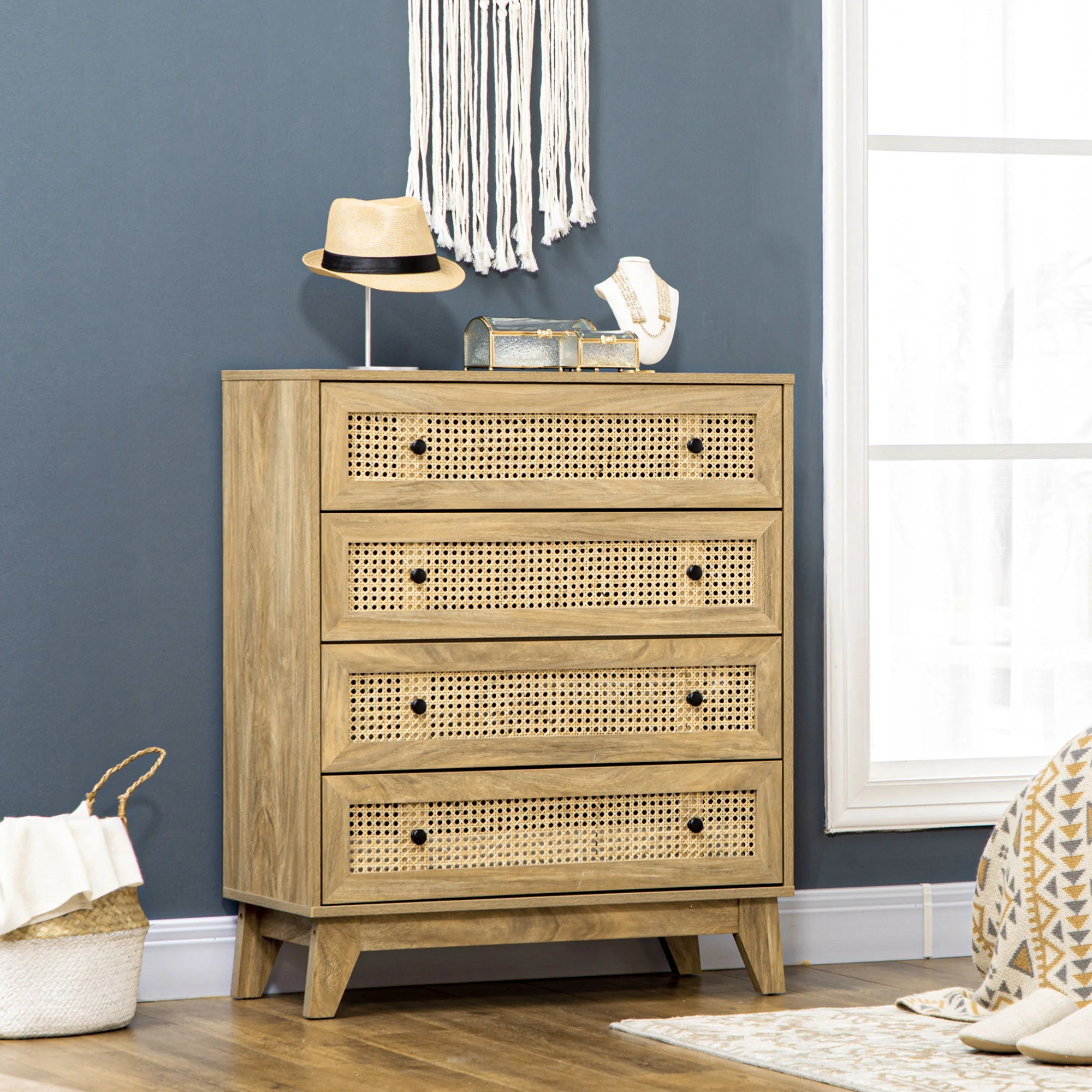 Commode 4 tiroirs meuble de rangement cannage en rotin 80 x 35 x 95 cm aspect bois clair - Image 3