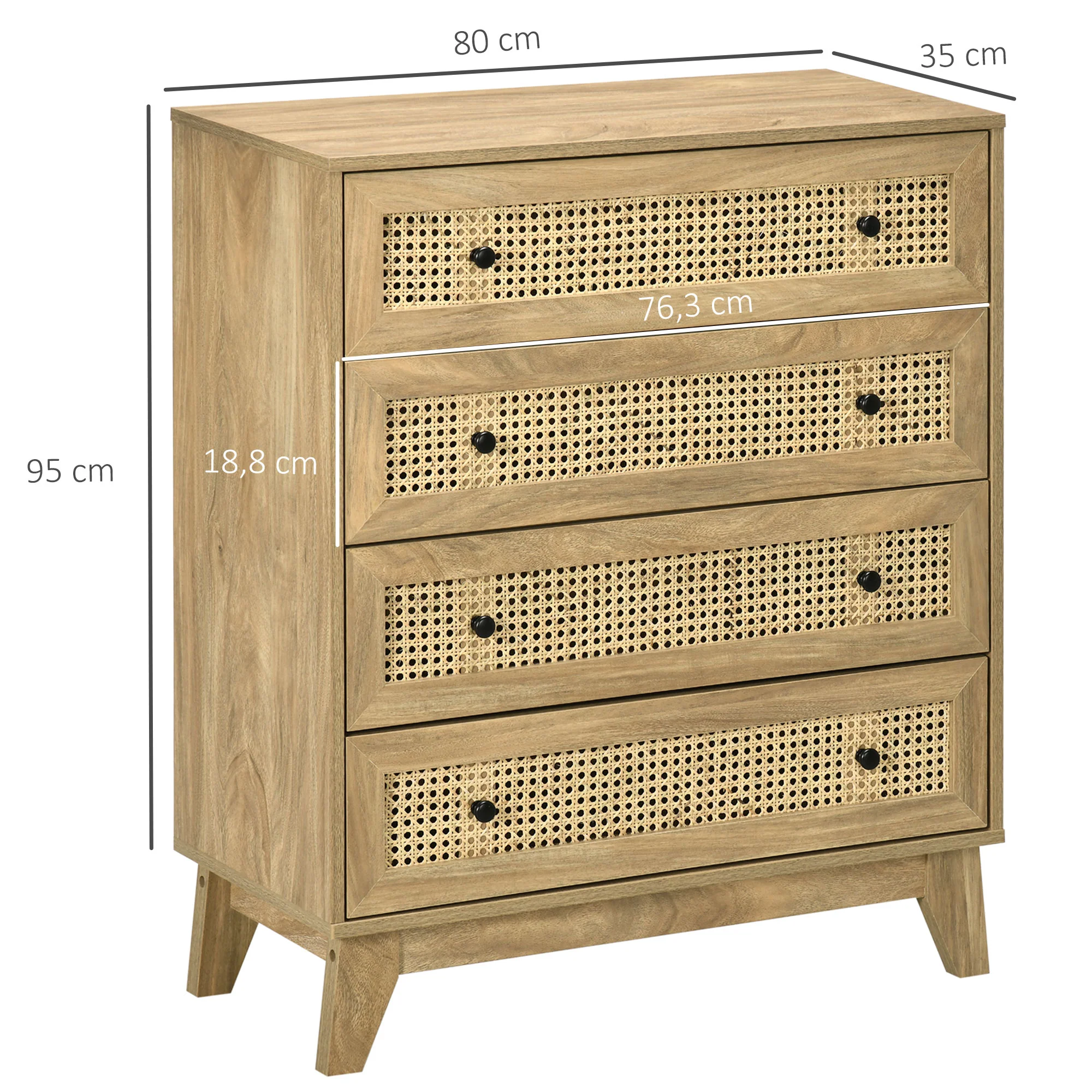 Commode 4 tiroirs meuble de rangement cannage en rotin 80 x 35 x 95 cm aspect bois clair - Image 4