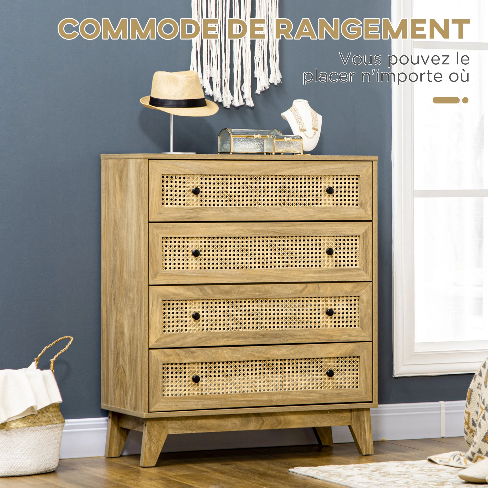Commode 4 tiroirs meuble de rangement cannage en rotin 80 x 35 x 95 cm aspect bois clair - Image 5
