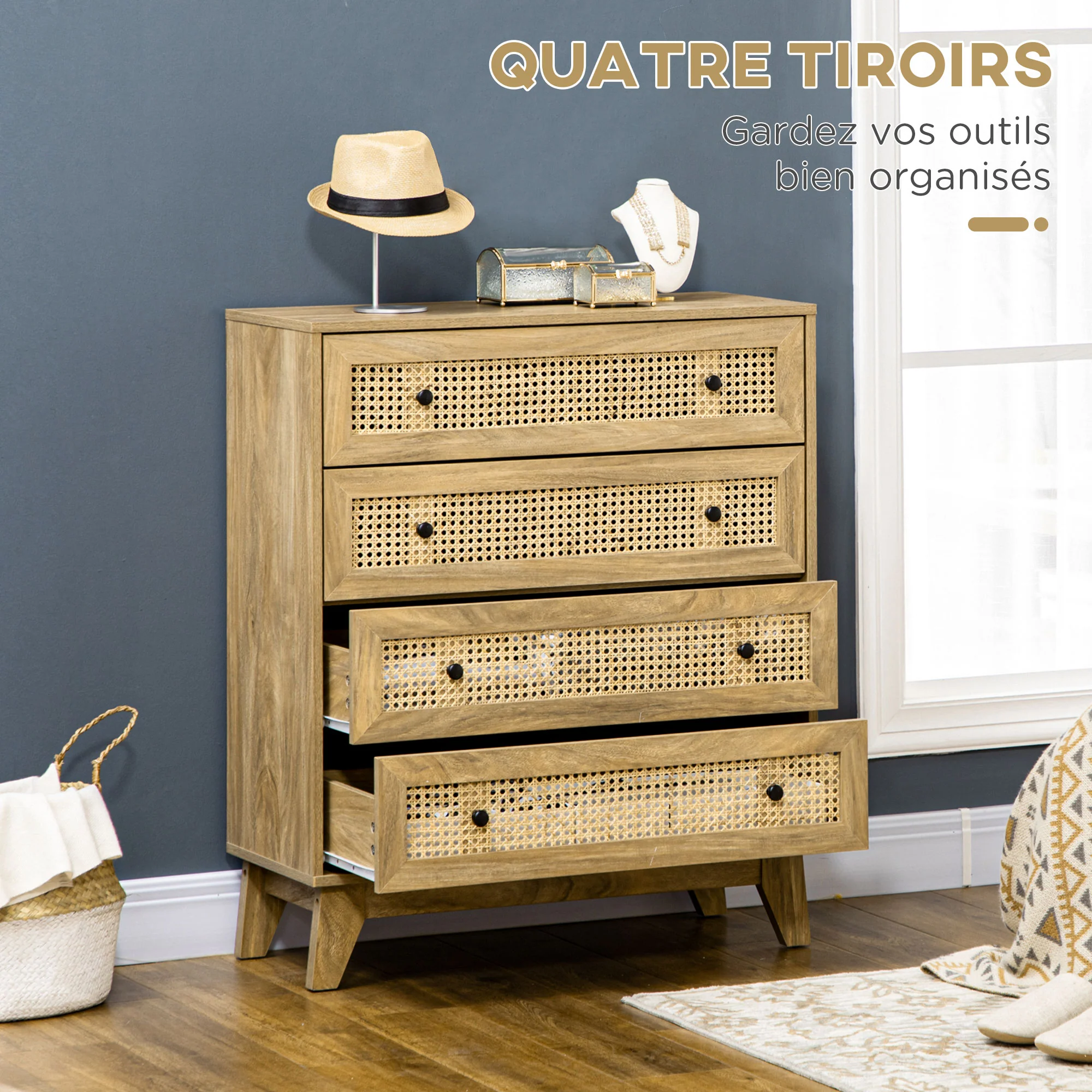 Commode 4 tiroirs meuble de rangement cannage en rotin 80 x 35 x 95 cm aspect bois clair - Image 6