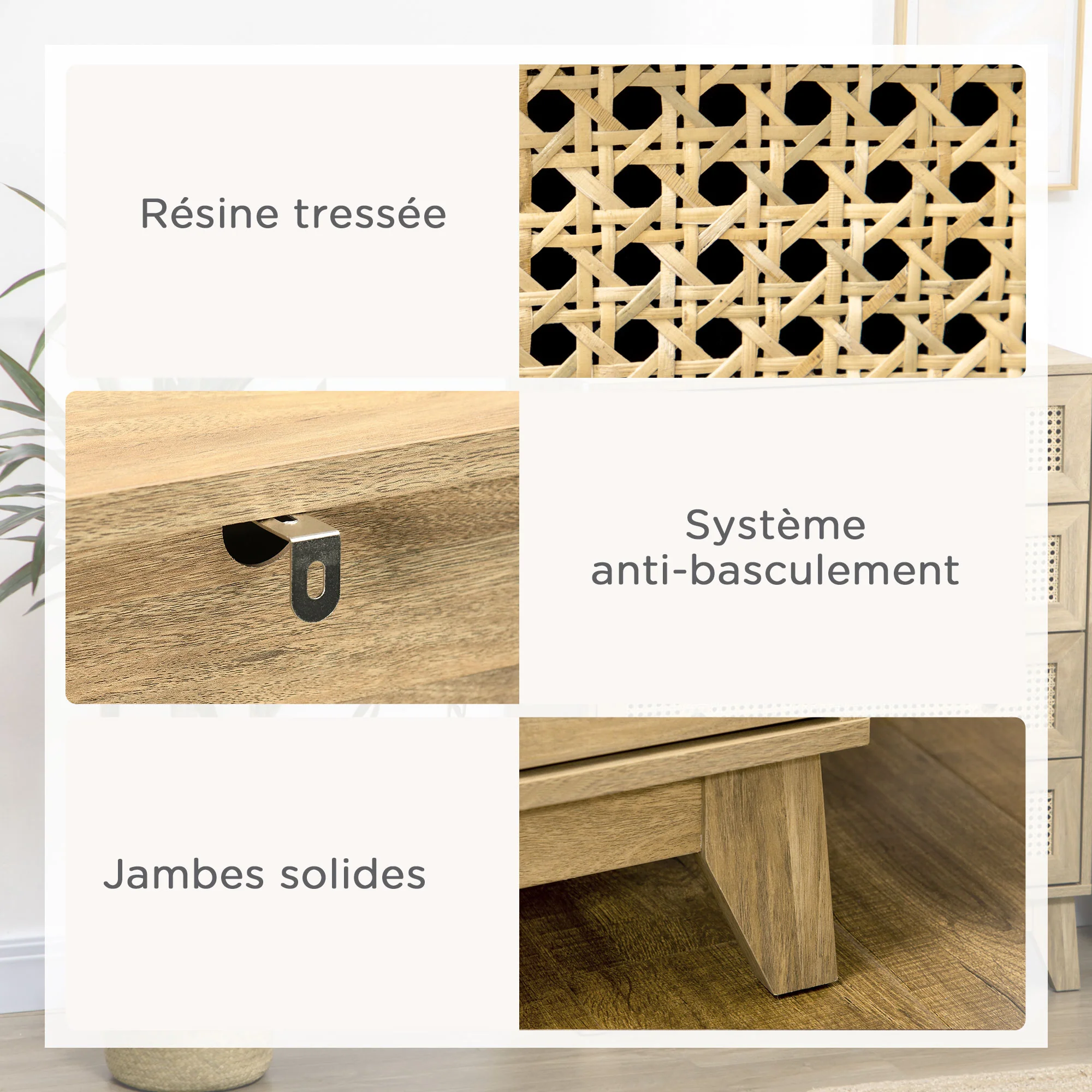 Commode 4 tiroirs meuble de rangement cannage en rotin 80 x 35 x 95 cm aspect bois clair - Image 7