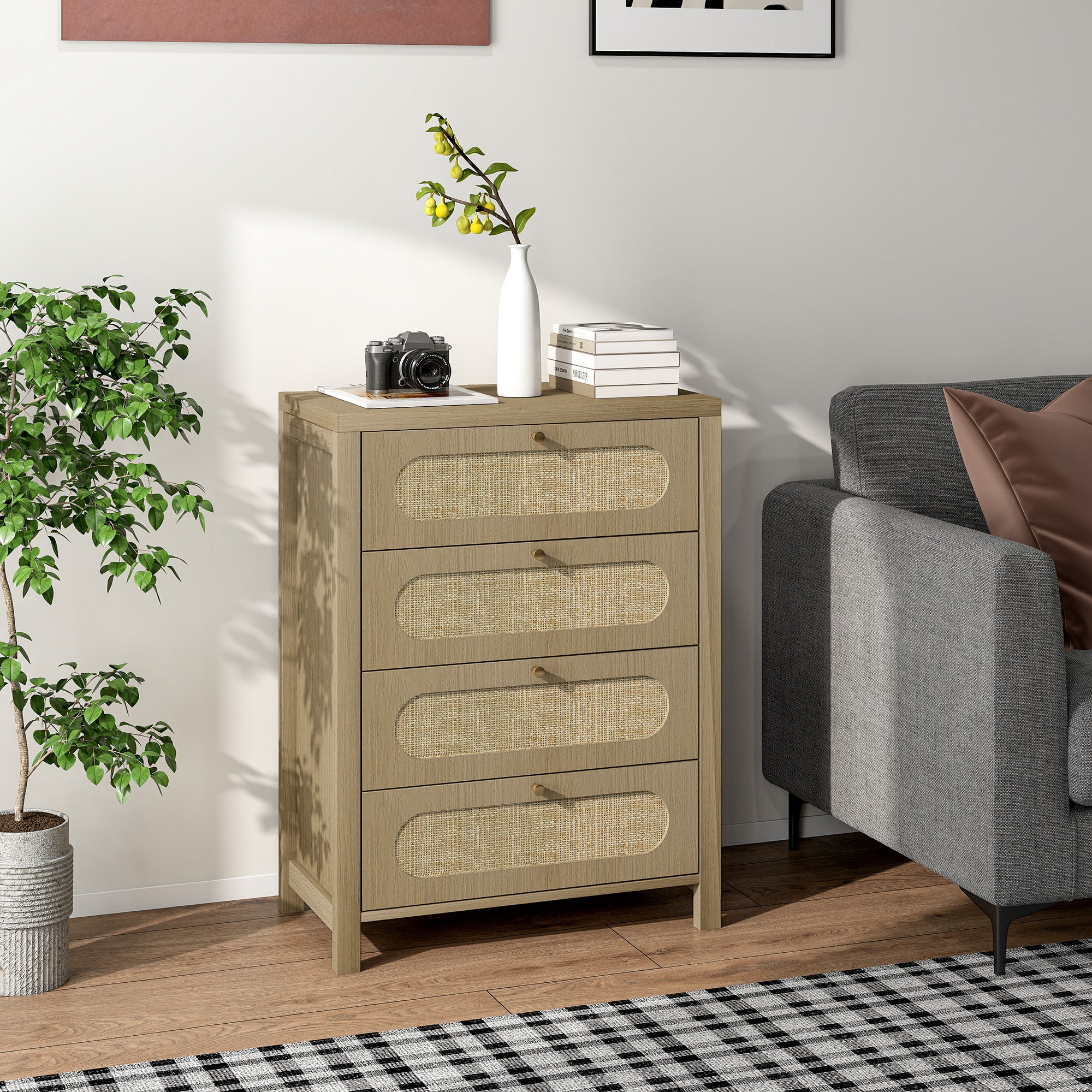 Commode 4 tiroirs meuble de rangement style bohémienne avec portes en résine tressée, poignées dorés, commode chambre à coucher, salon - 70 x 38 x 93 cm, effet bois naturel - Image 3