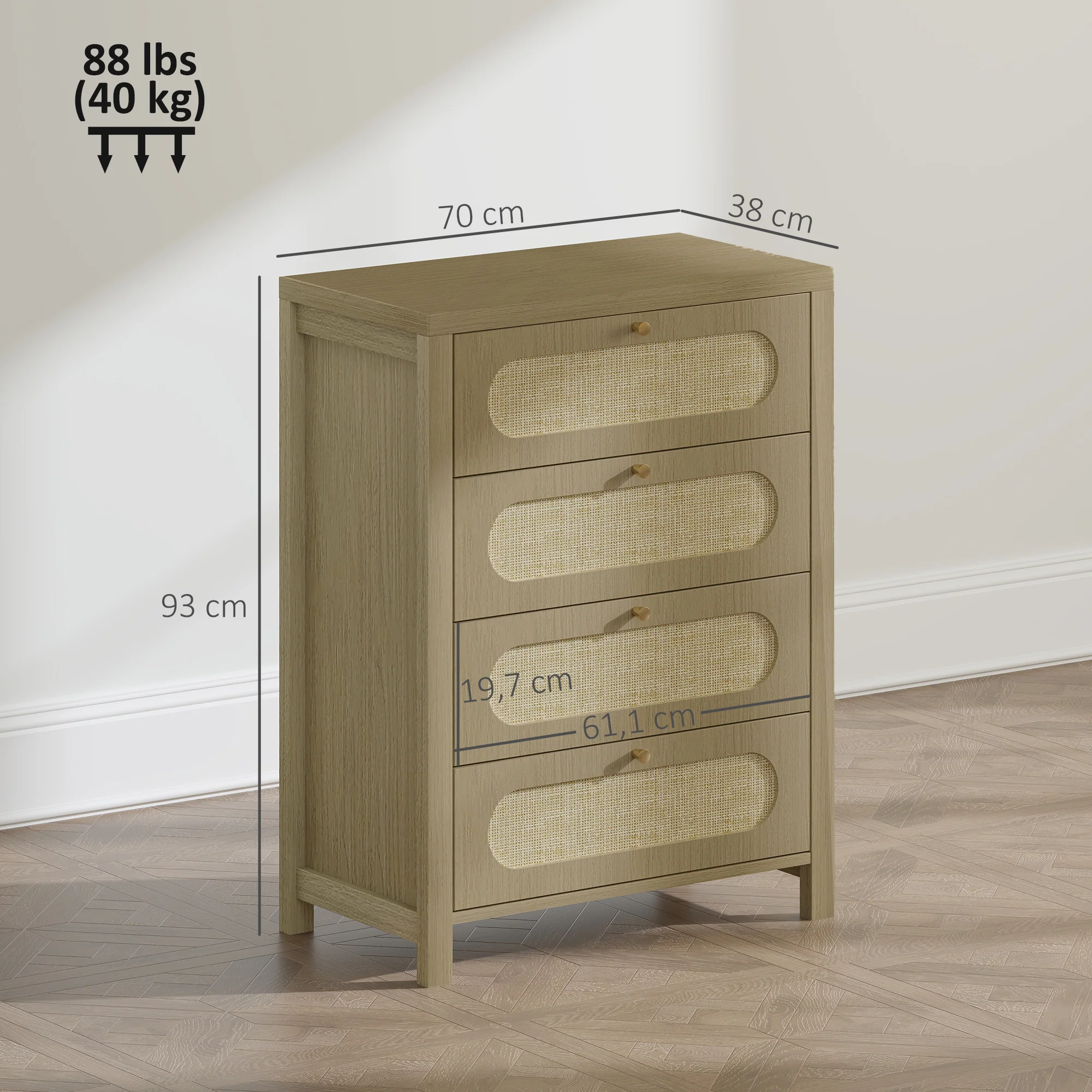 Commode 4 tiroirs meuble de rangement style bohémienne avec portes en résine tressée, poignées dorés, commode chambre à coucher, salon - 70 x 38 x 93 cm, effet bois naturel - Image 4