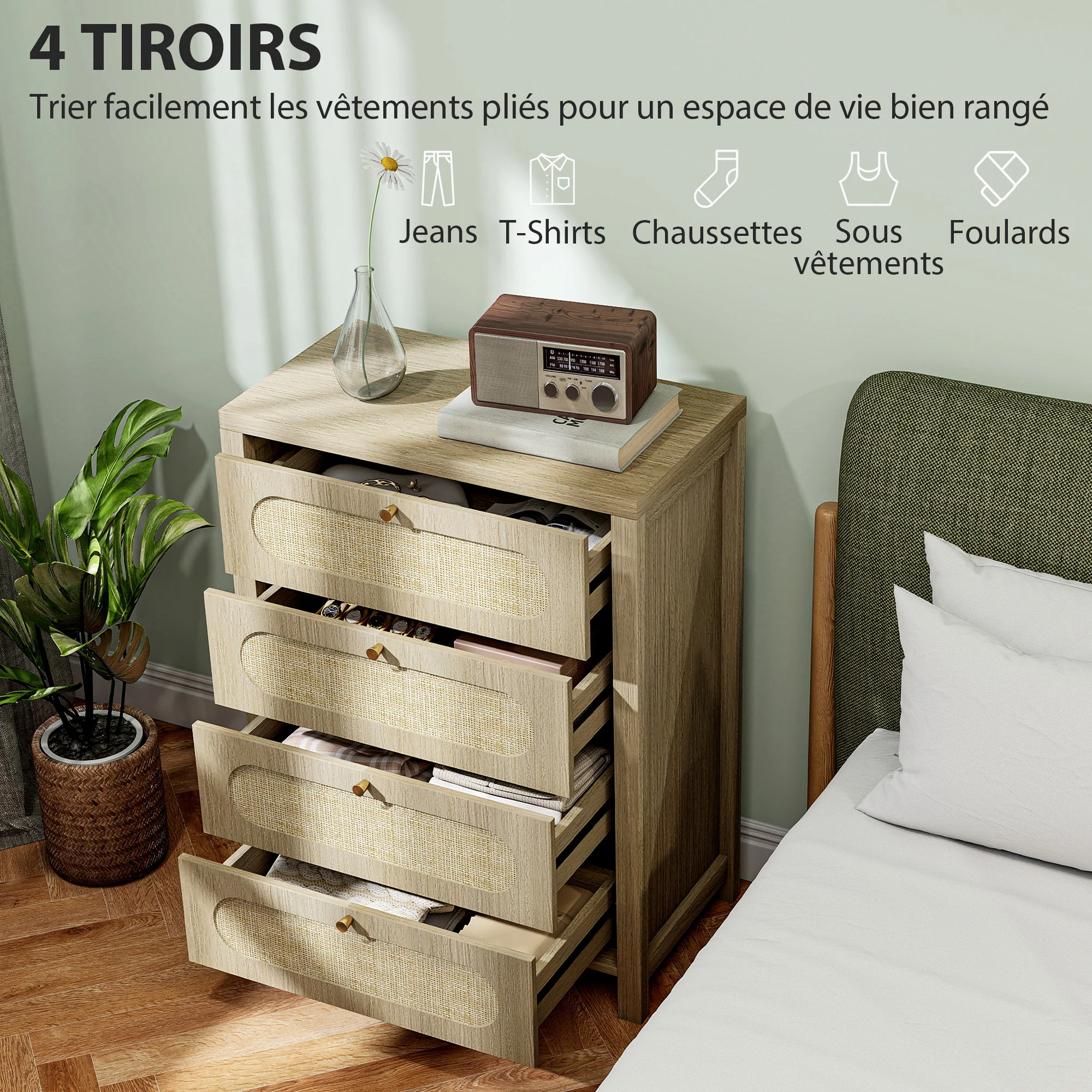 Commode 4 tiroirs meuble de rangement style bohémienne avec portes en résine tressée, poignées dorés, commode chambre à coucher, salon - 70 x 38 x 93 cm, effet bois naturel - Image 5
