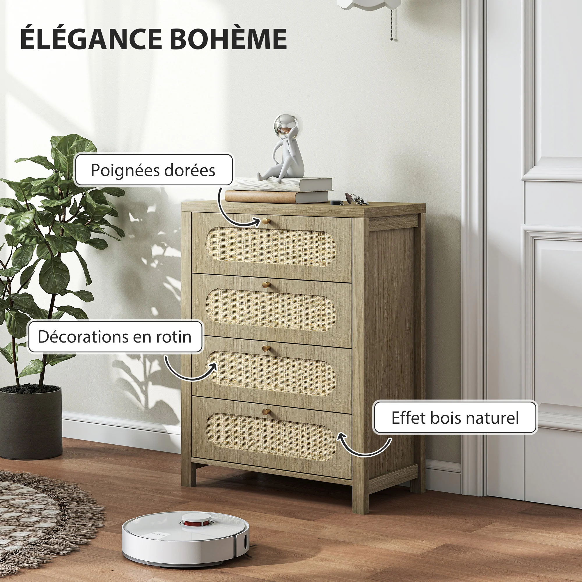 Commode 4 tiroirs meuble de rangement style bohémienne avec portes en résine tressée, poignées dorés, commode chambre à coucher, salon - 70 x 38 x 93 cm, effet bois naturel - Image 6