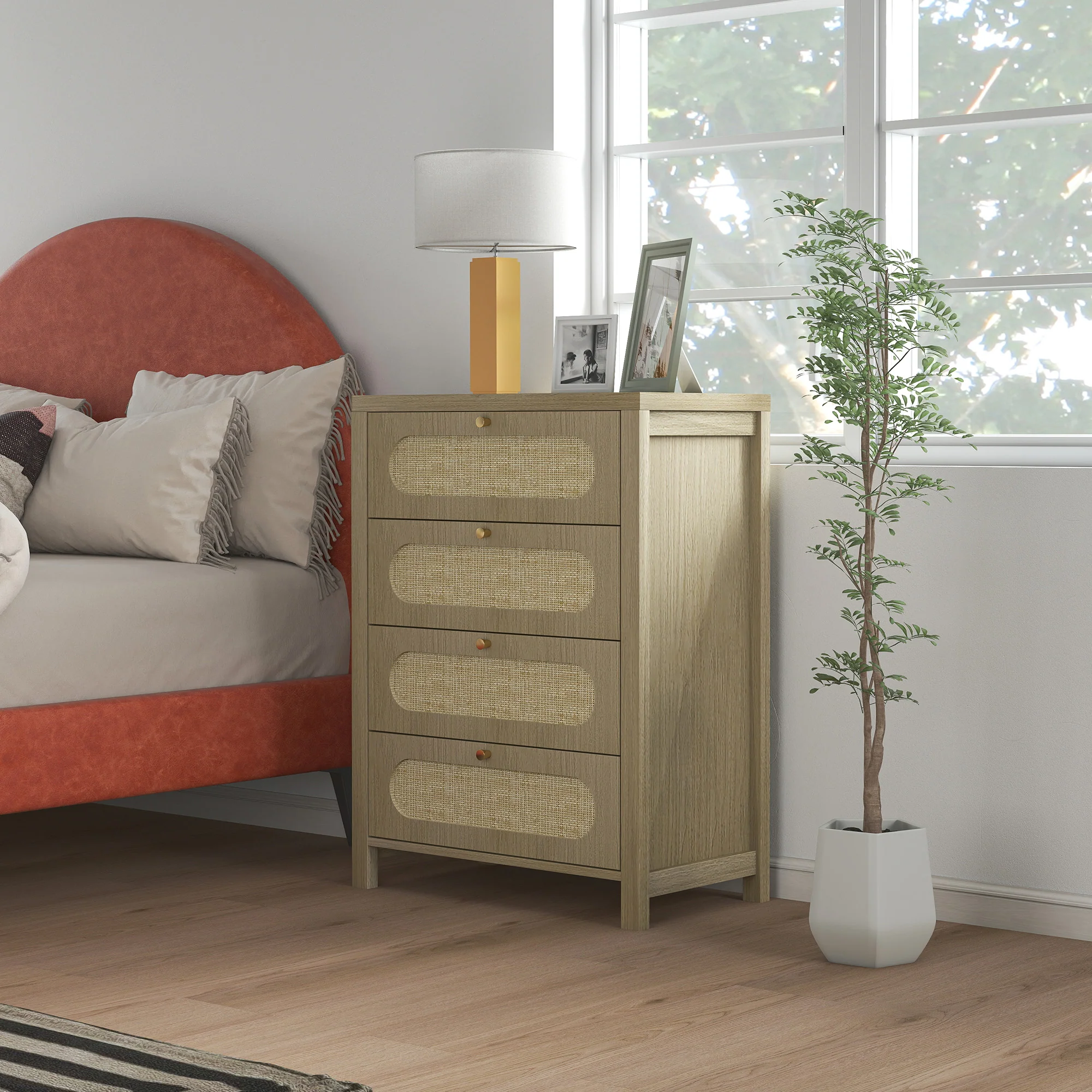 Commode 4 tiroirs meuble de rangement style bohémienne avec portes en résine tressée, poignées dorés, commode chambre à coucher, salon - 70 x 38 x 93 cm, effet bois naturel - Image 9