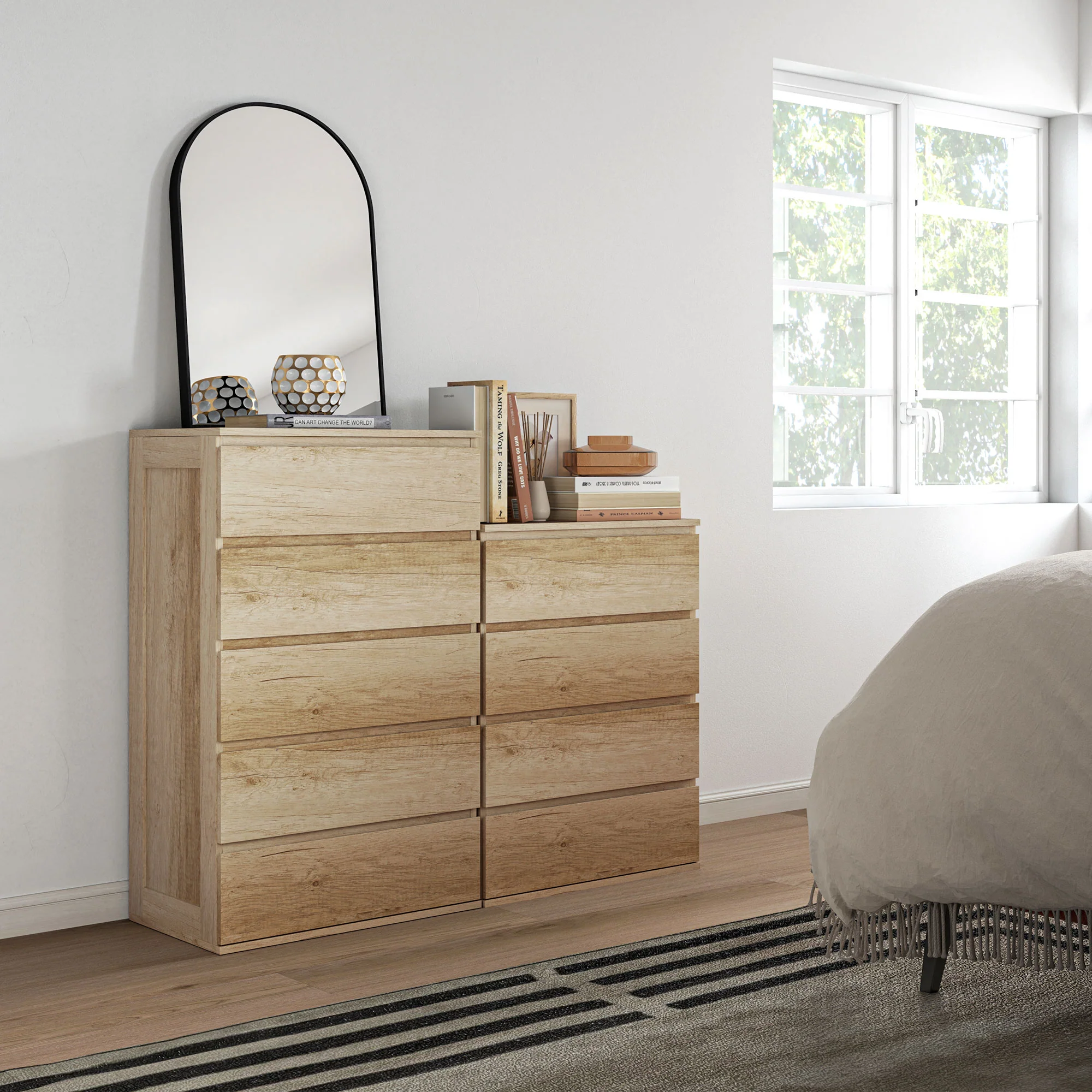 Commode 5 tiroirs commode chambre meuble de rangement épuré style moderne avec mécanisme de fermeture en douceur, pour chambre à coucher, salon - 60 x 38 x 100 cm, bois naturel - Image 3