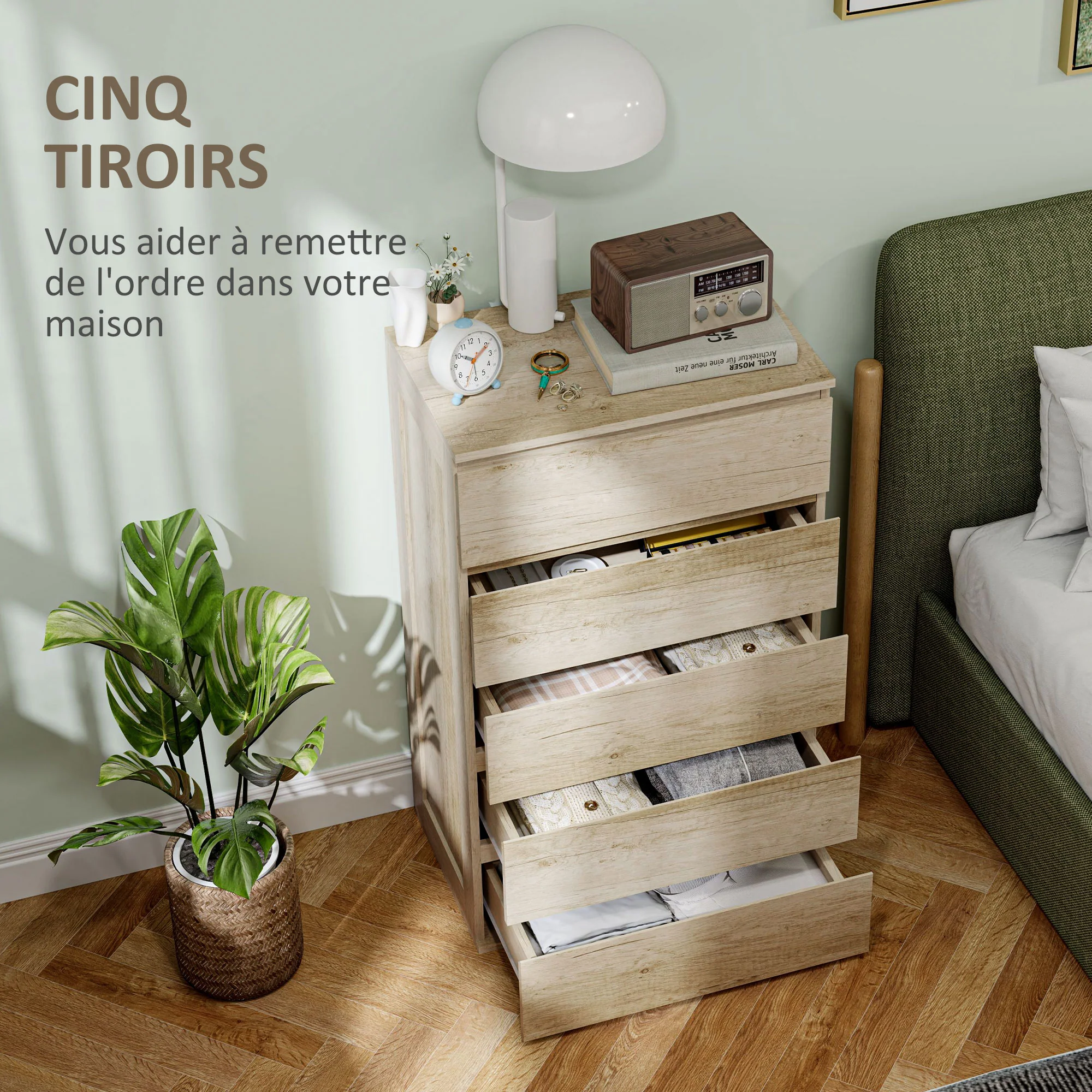 Commode 5 tiroirs commode chambre meuble de rangement épuré style moderne avec mécanisme de fermeture en douceur, pour chambre à coucher, salon - 60 x 38 x 100 cm, bois naturel - Image 6