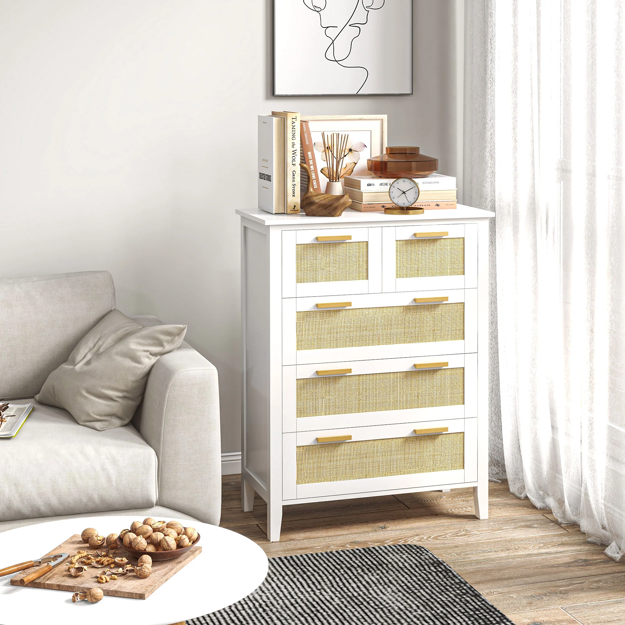 Commode 5 tiroirs meuble de rangement avec poignées en bois massif et glissières en métal pour bureau salon chambre à coucher blanc - Image 8