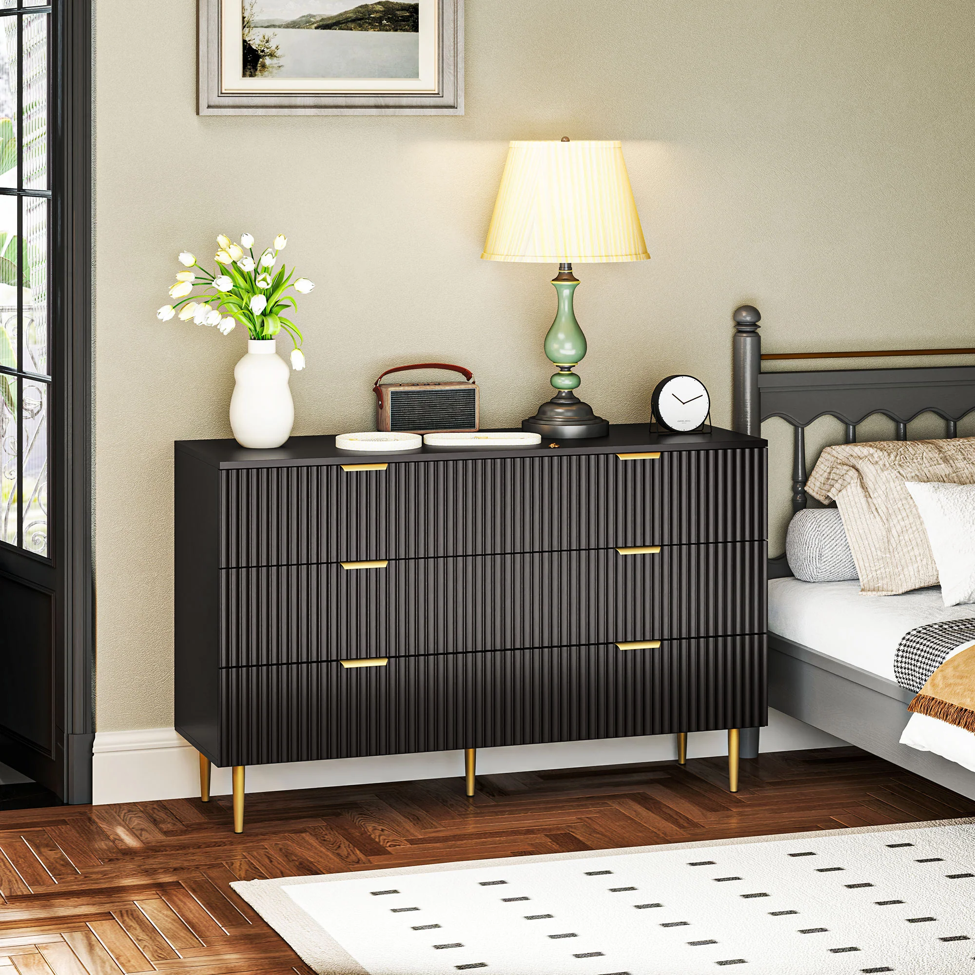 Commode 6 tiroirs commode chambre meuble de rangement moderne avec poignées et pieds dorés, pour chambre à coucher, salon, dim. 120 x 40 x 76,5 cm, noir - Image 3
