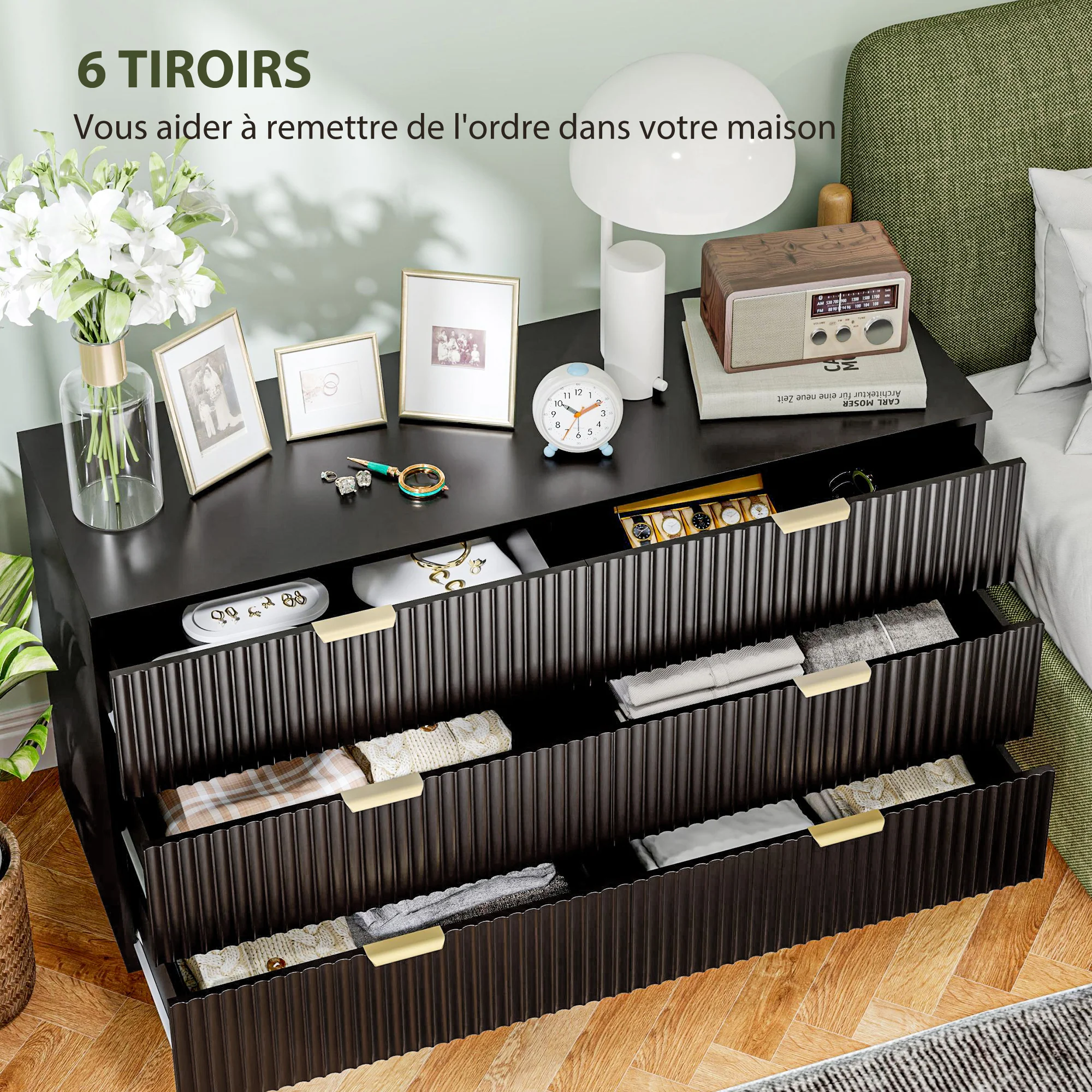Commode 6 tiroirs commode chambre meuble de rangement moderne avec poignées et pieds dorés, pour chambre à coucher, salon, dim. 120 x 40 x 76,5 cm, noir - Image 5