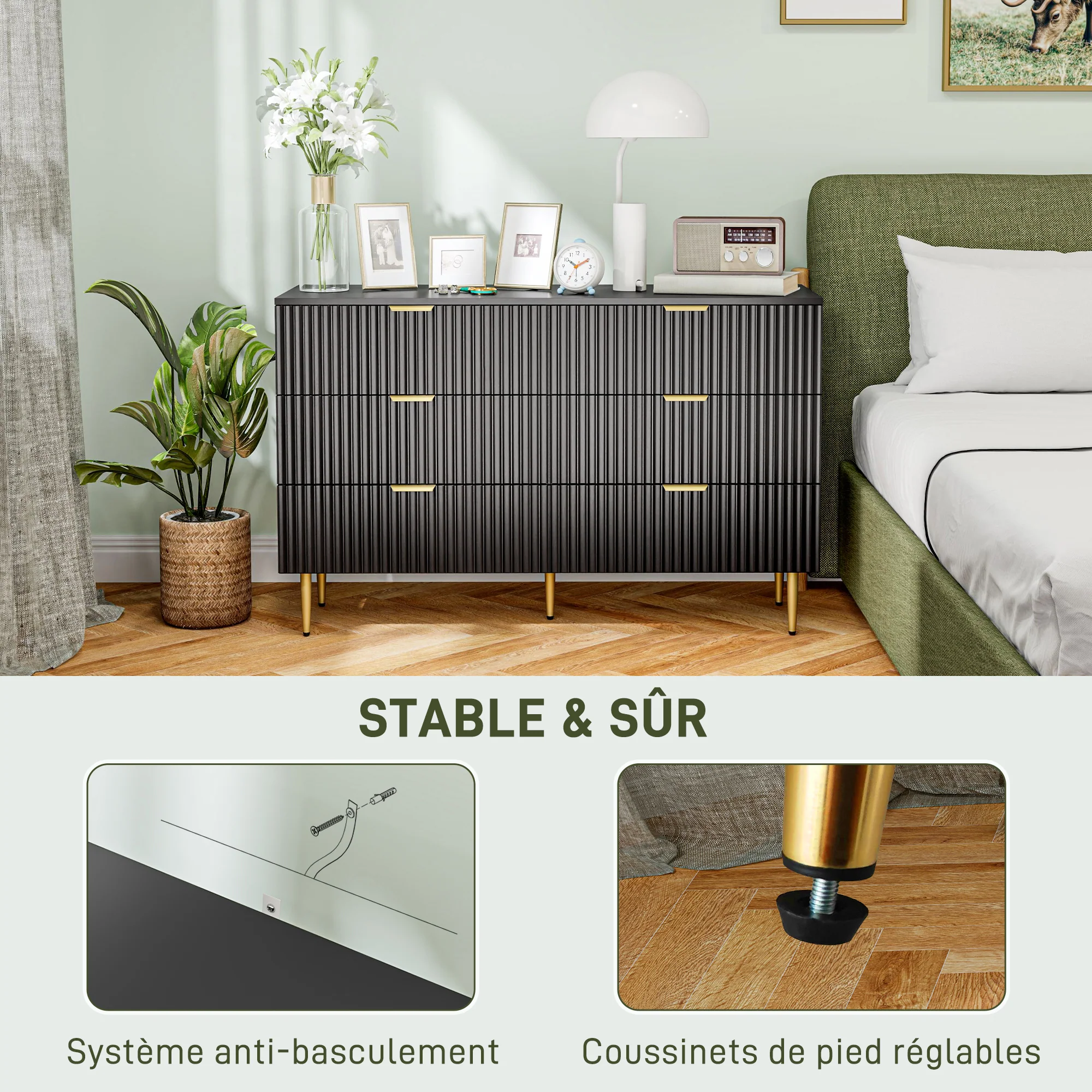 Commode 6 tiroirs commode chambre meuble de rangement moderne avec poignées et pieds dorés, pour chambre à coucher, salon, dim. 120 x 40 x 76,5 cm, noir - Image 7