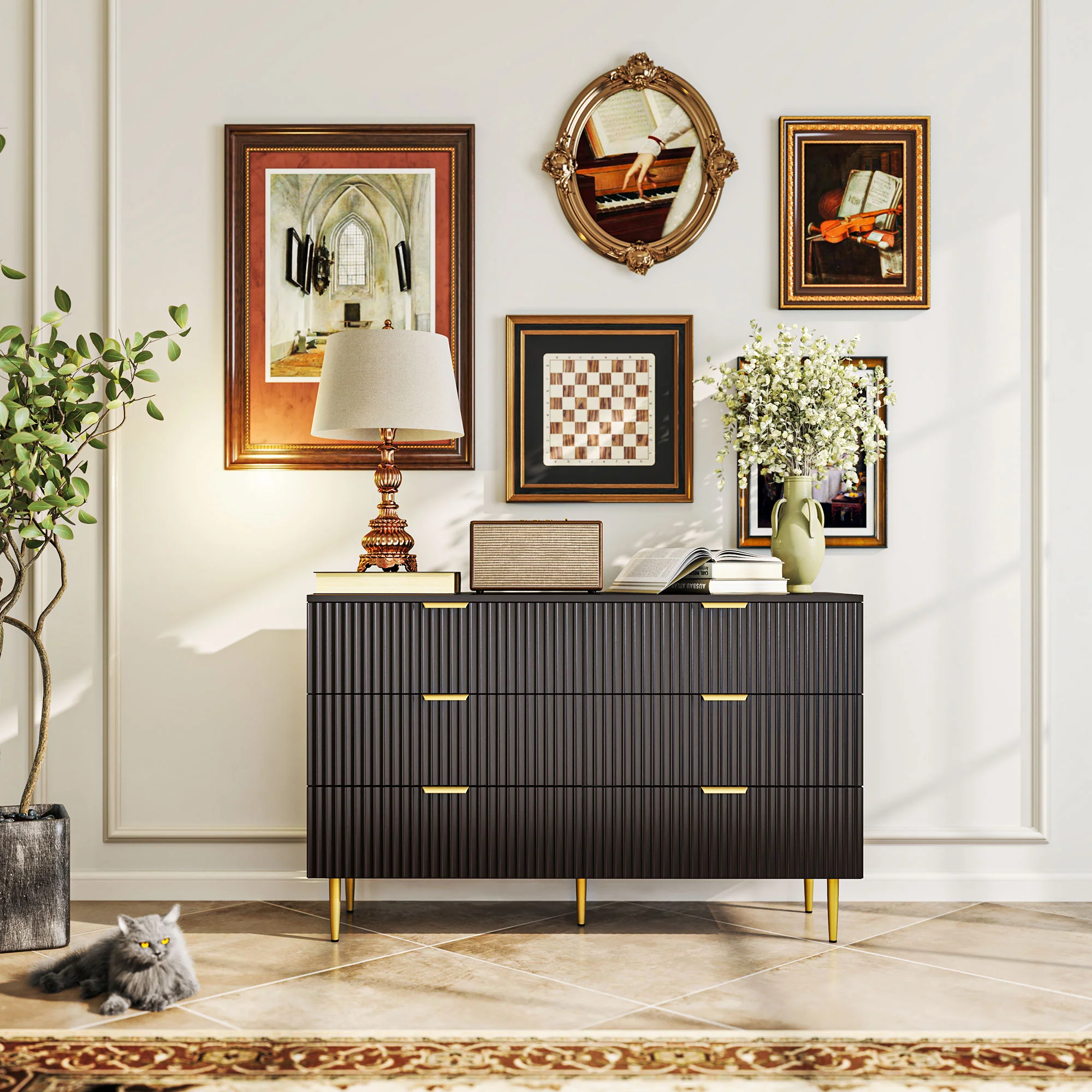 Commode 6 tiroirs commode chambre meuble de rangement moderne avec poignées et pieds dorés, pour chambre à coucher, salon, dim. 120 x 40 x 76,5 cm, noir - Image 9