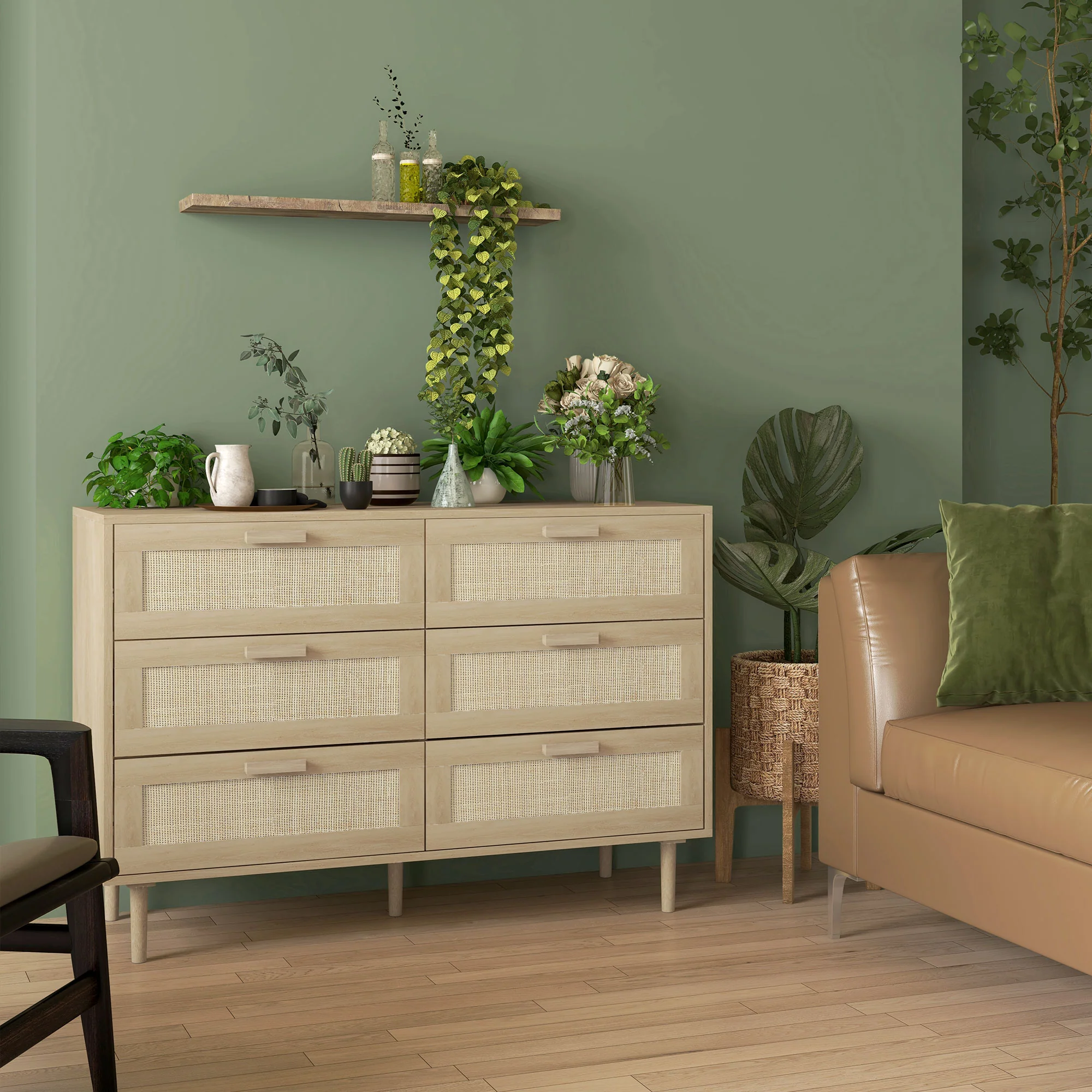 Commode 6 tiroirs meuble de rangement avec tissage en rotin dim. 110L x 40l x 75H cm Aspect Bois Clair - Image 3