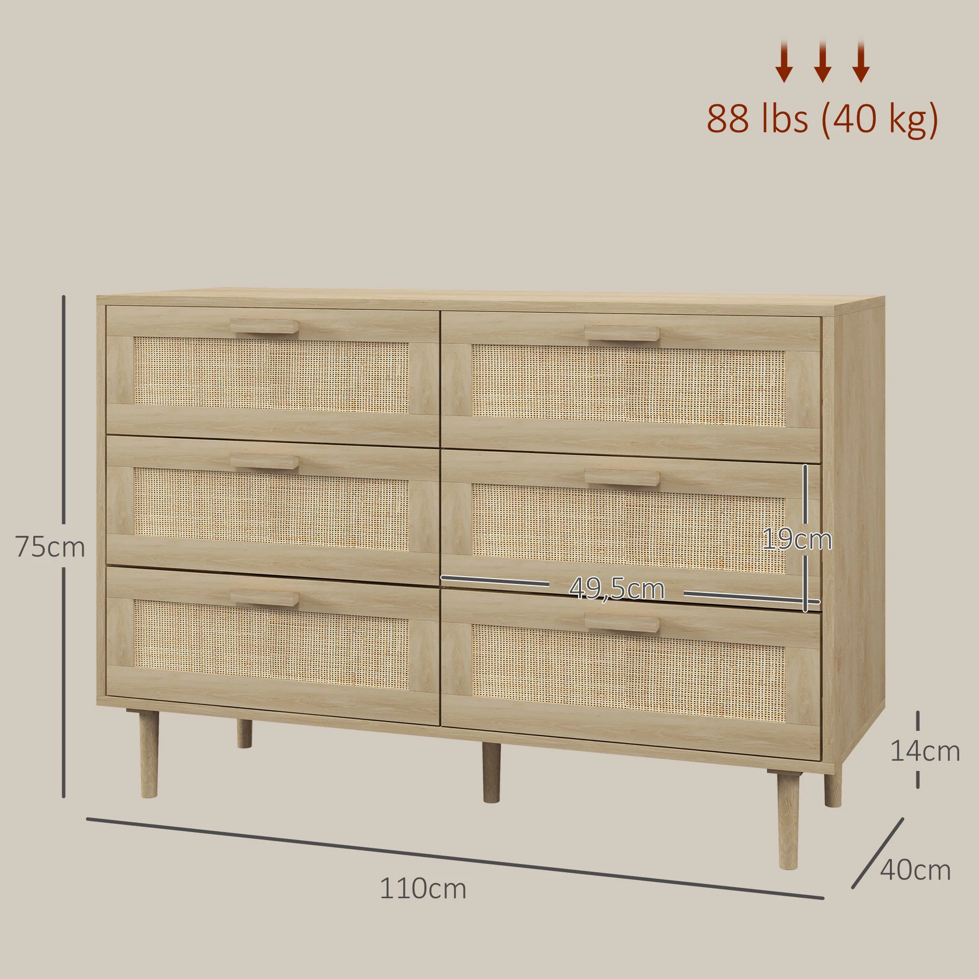 Commode 6 tiroirs meuble de rangement avec tissage en rotin dim. 110L x 40l x 75H cm Aspect Bois Clair - Image 4