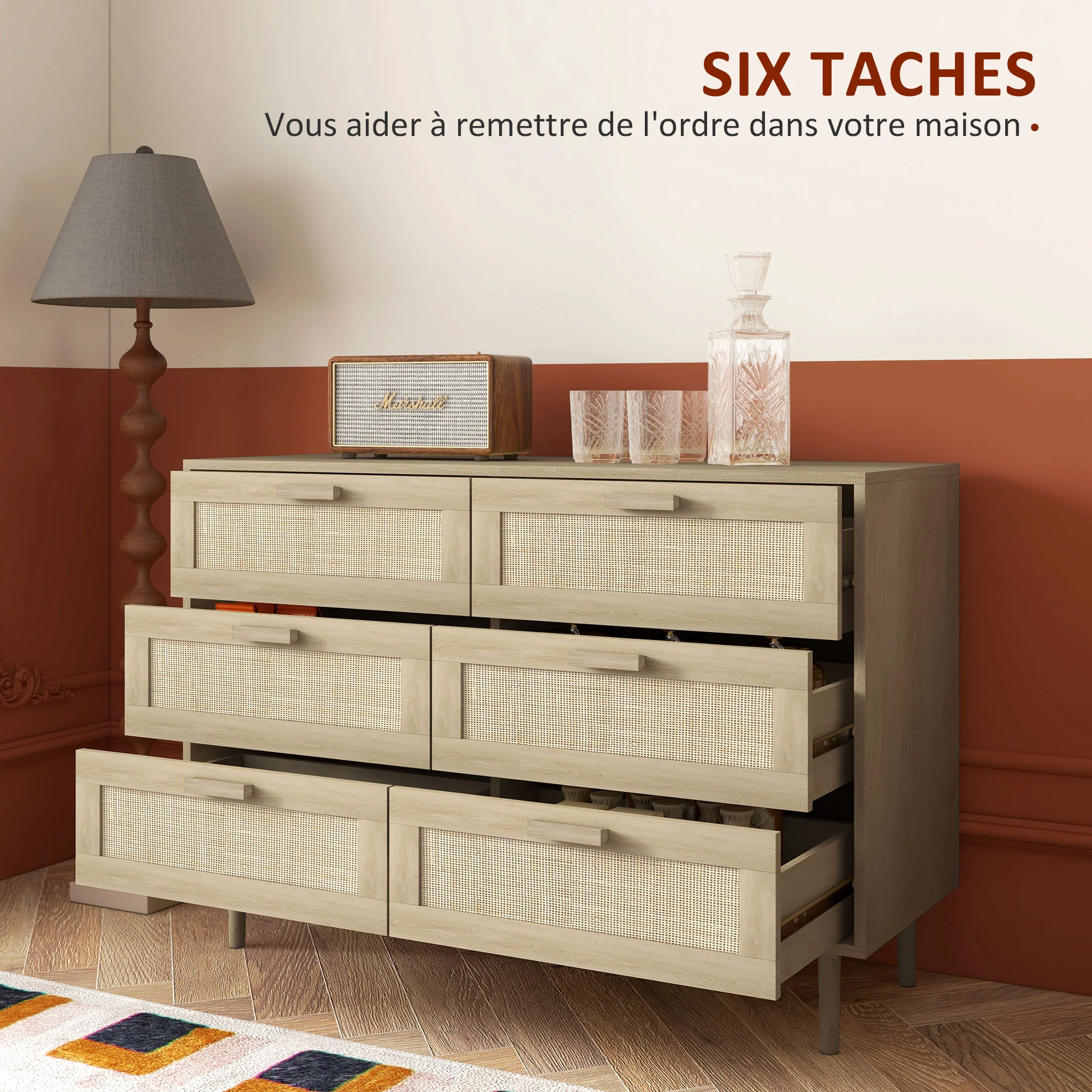 Commode 6 tiroirs meuble de rangement avec tissage en rotin dim. 110L x 40l x 75H cm Aspect Bois Clair - Image 5