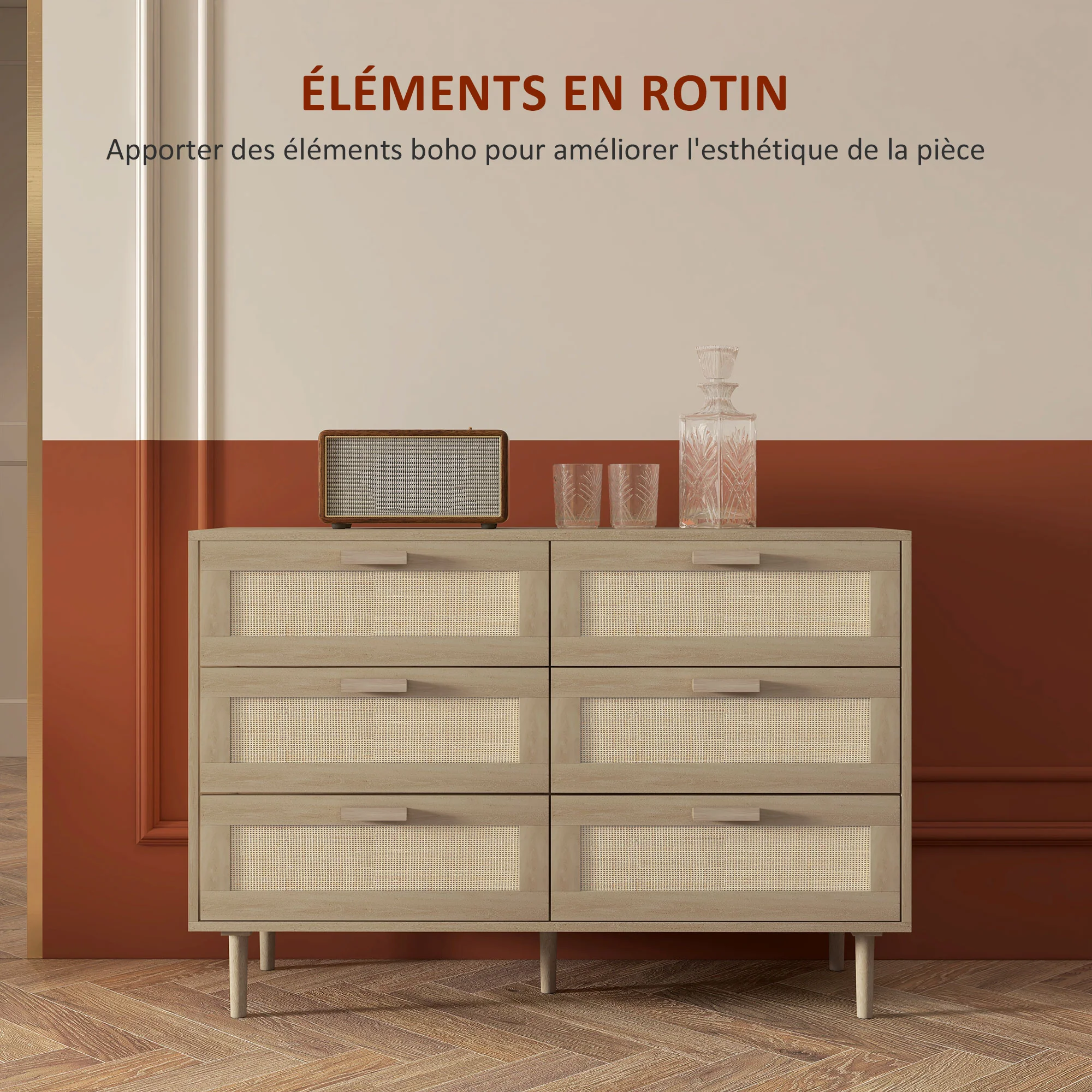 Commode 6 tiroirs meuble de rangement avec tissage en rotin dim. 110L x 40l x 75H cm Aspect Bois Clair - Image 6