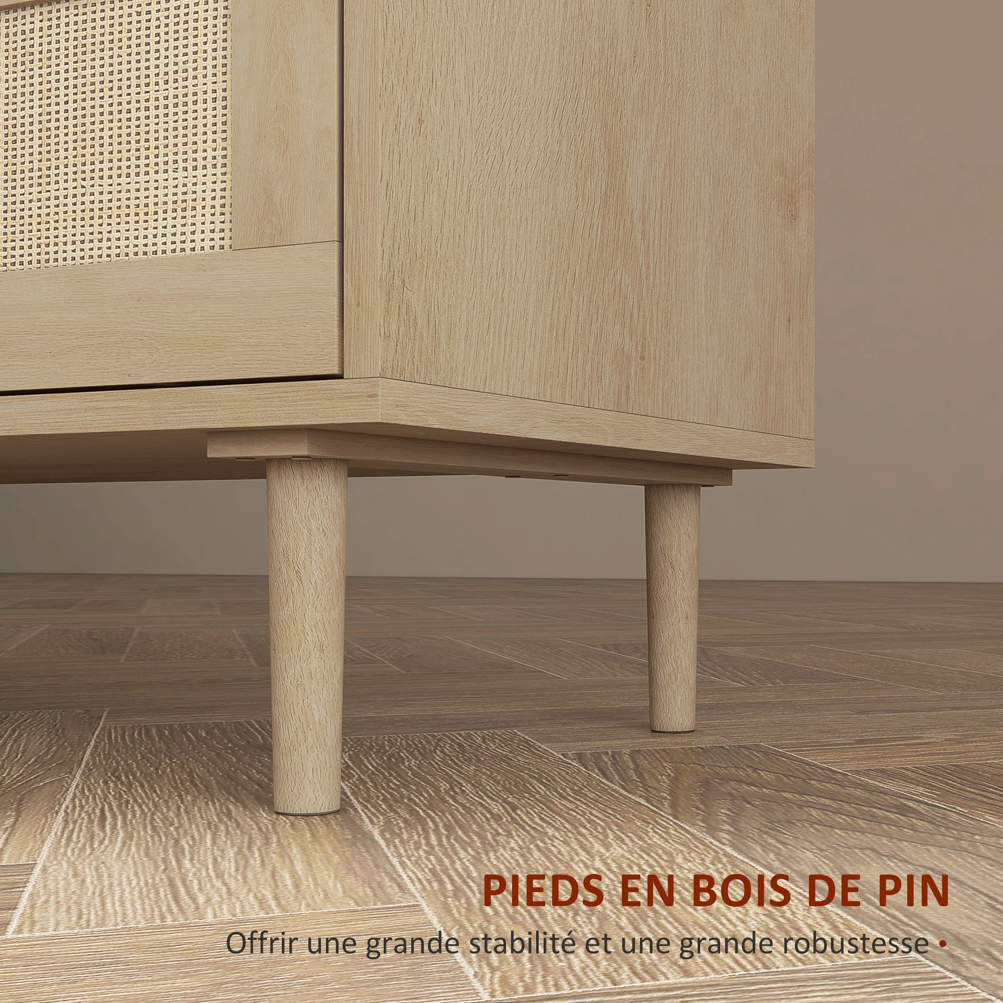 Commode 6 tiroirs meuble de rangement avec tissage en rotin dim. 110L x 40l x 75H cm Aspect Bois Clair - Image 7
