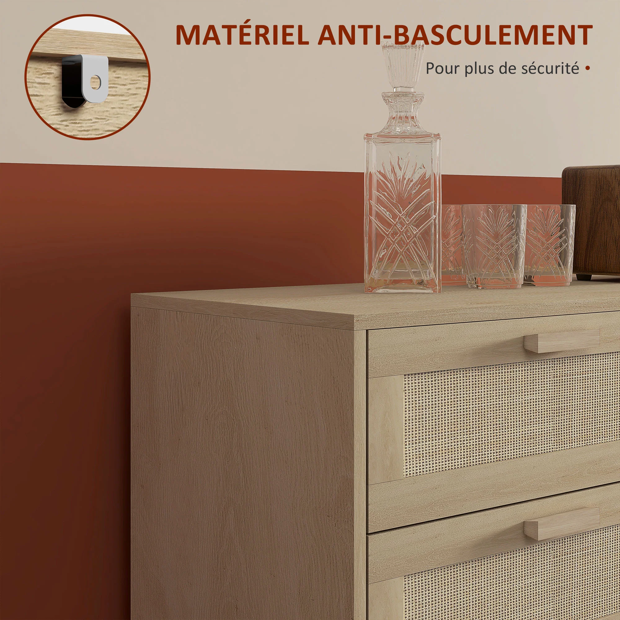 Commode 6 tiroirs meuble de rangement avec tissage en rotin dim. 110L x 40l x 75H cm Aspect Bois Clair - Image 8