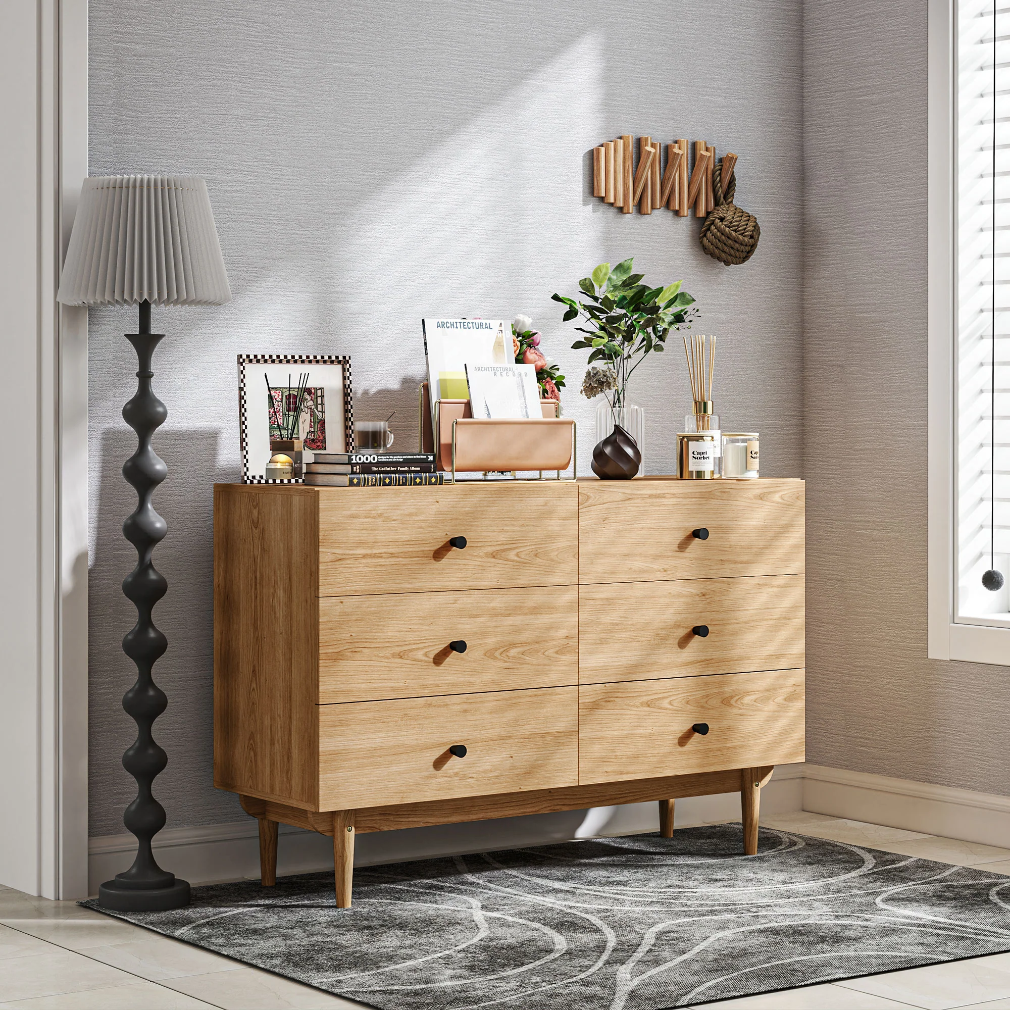 Commode 6 tiroirs meuble de rangement pieds en bois massif 120 x 40 x 80 cm couleur bois - Image 10