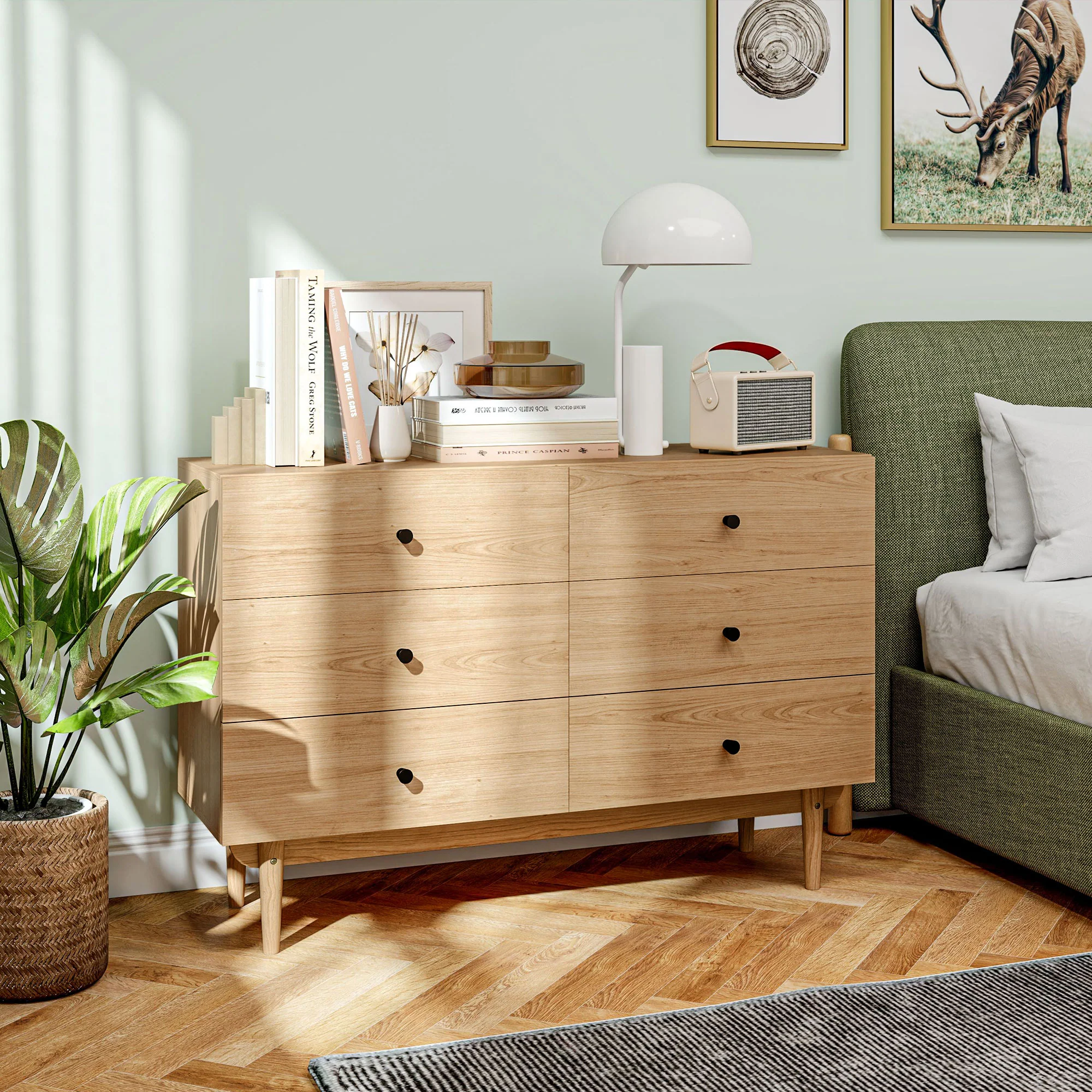 Commode 6 tiroirs meuble de rangement pieds en bois massif 120 x 40 x 80 cm couleur bois - Image 3
