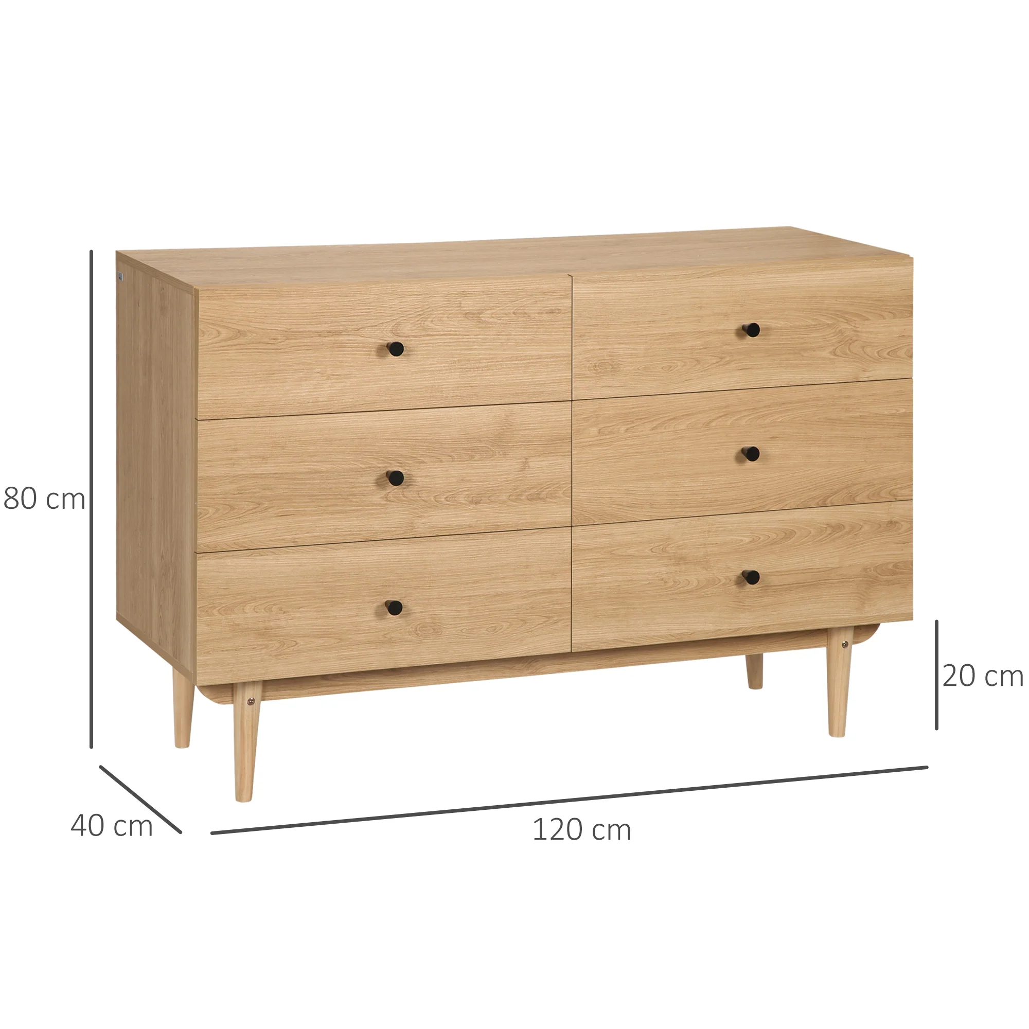 Commode 6 tiroirs meuble de rangement pieds en bois massif 120 x 40 x 80 cm couleur bois - Image 4