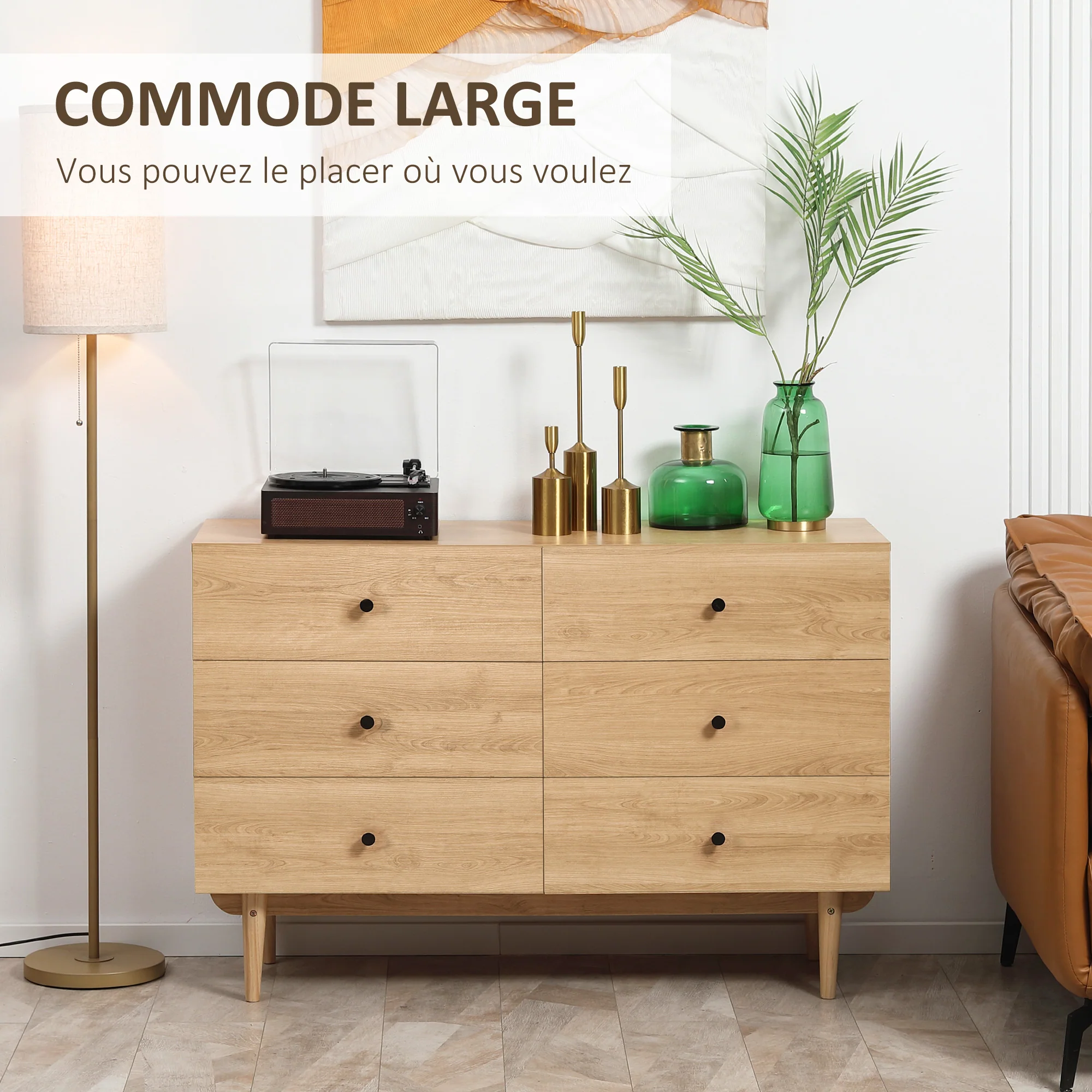 Commode 6 tiroirs meuble de rangement pieds en bois massif 120 x 40 x 80 cm couleur bois - Image 5