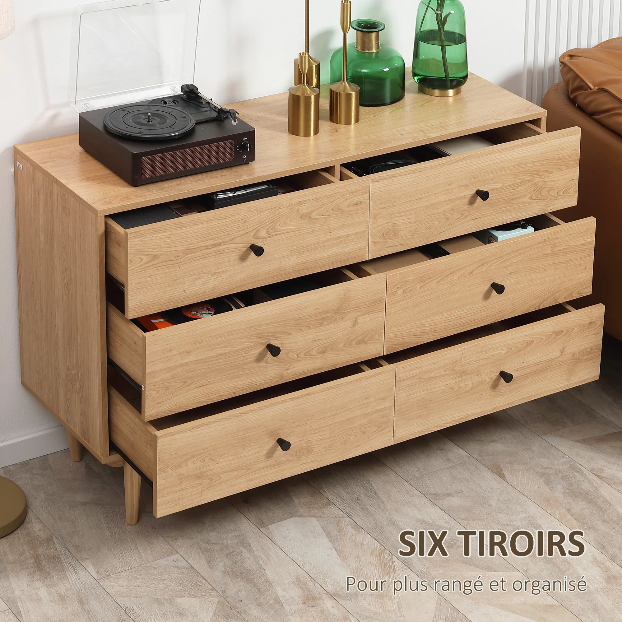 Commode 6 tiroirs meuble de rangement pieds en bois massif 120 x 40 x 80 cm couleur bois - Image 6
