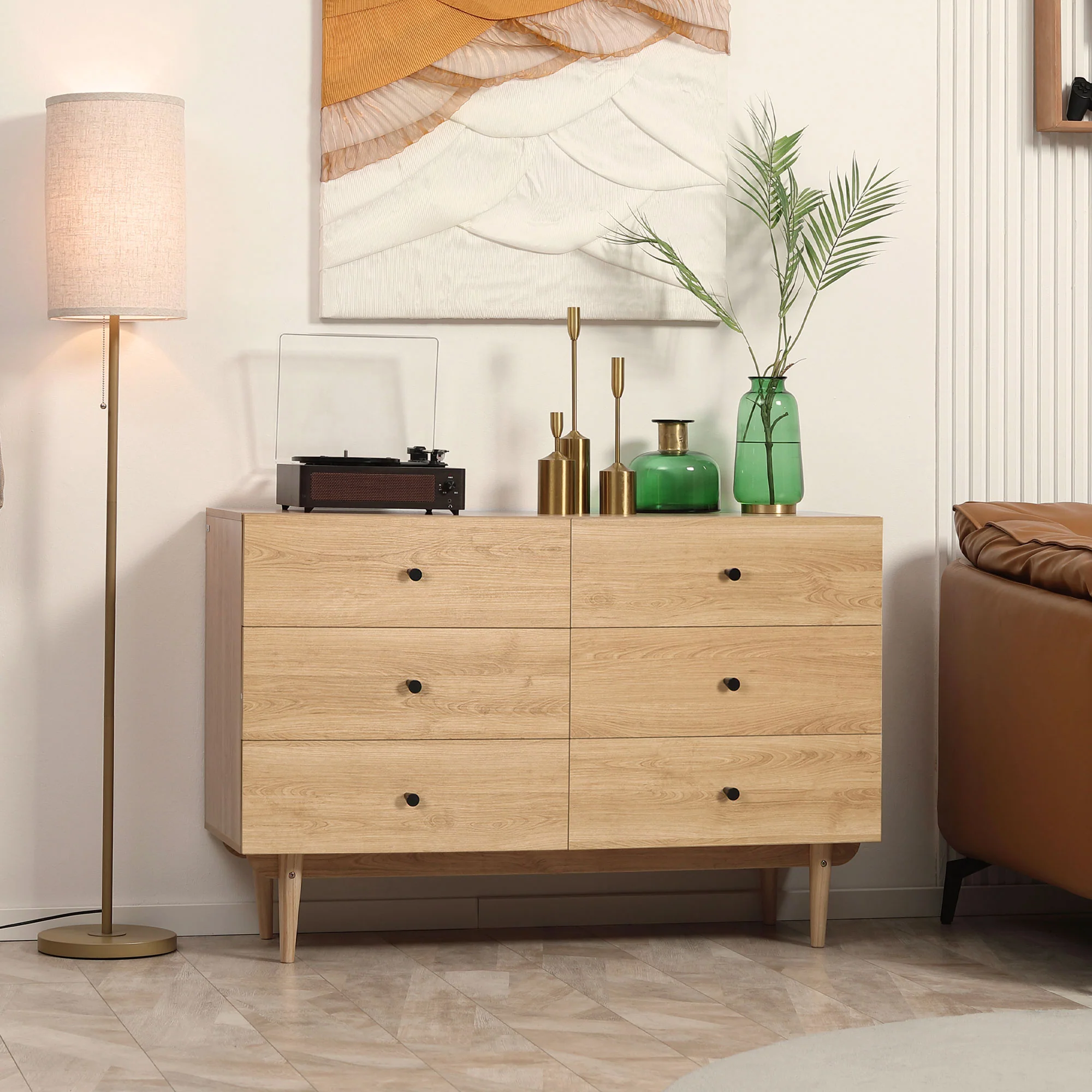 Commode 6 tiroirs meuble de rangement pieds en bois massif 120 x 40 x 80 cm couleur bois - Image 8
