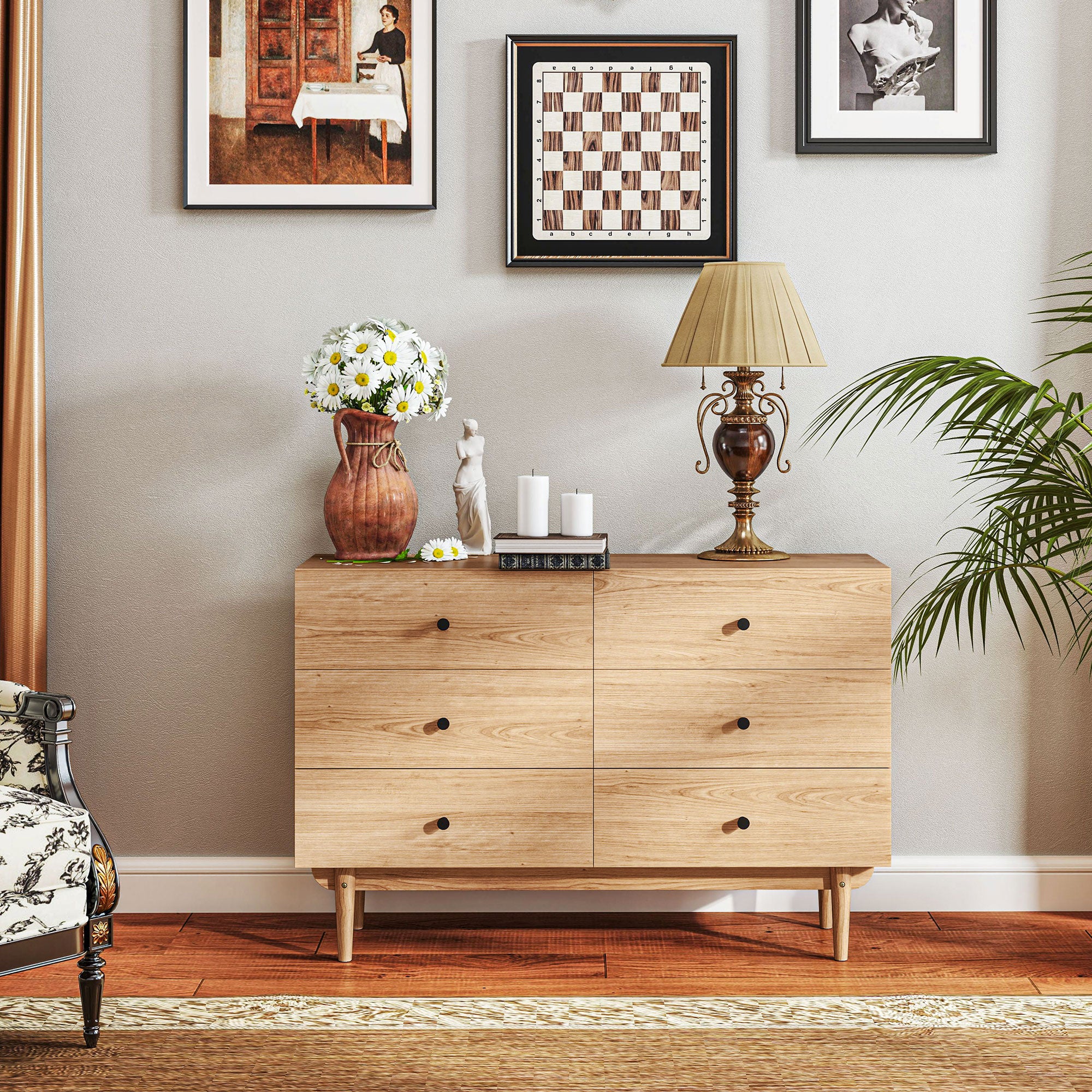 Commode 6 tiroirs meuble de rangement pieds en bois massif 120 x 40 x 80 cm couleur bois - Image 9