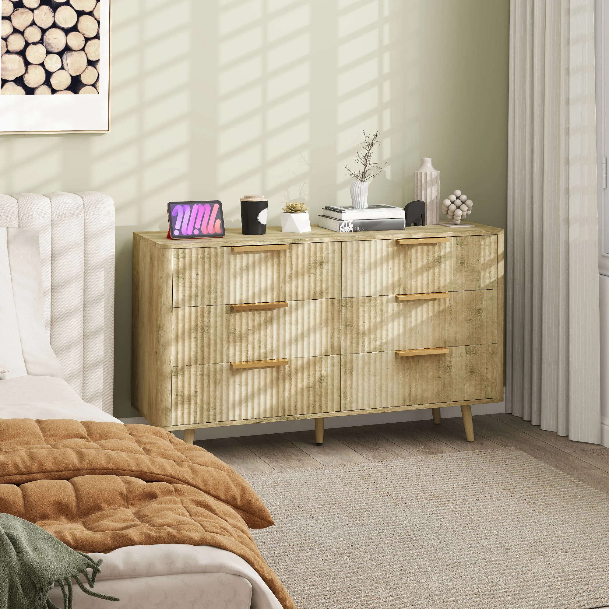 Commode 6 tiroirs meuble de rangement style scandinave avec poignées et pieds de pin, bois effet cannelé, commode chambre à coucher, salon, couloir - 120 x 40 x 76 cm, chêne - Image 10