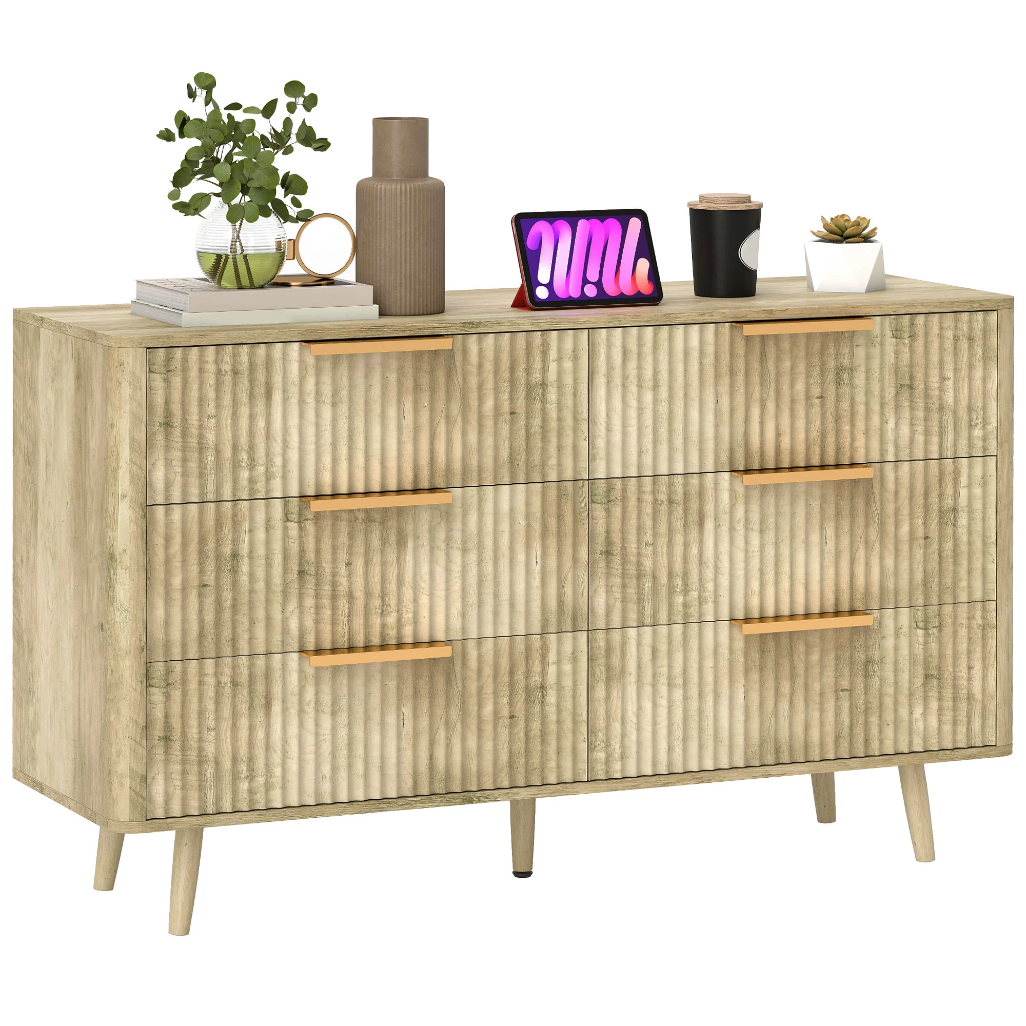 Commode 6 tiroirs meuble de rangement style scandinave avec poignées et pieds de pin, bois effet cannelé, commode chambre à coucher, salon, couloir - 120 x 40 x 76 cm, chêne - Image 11