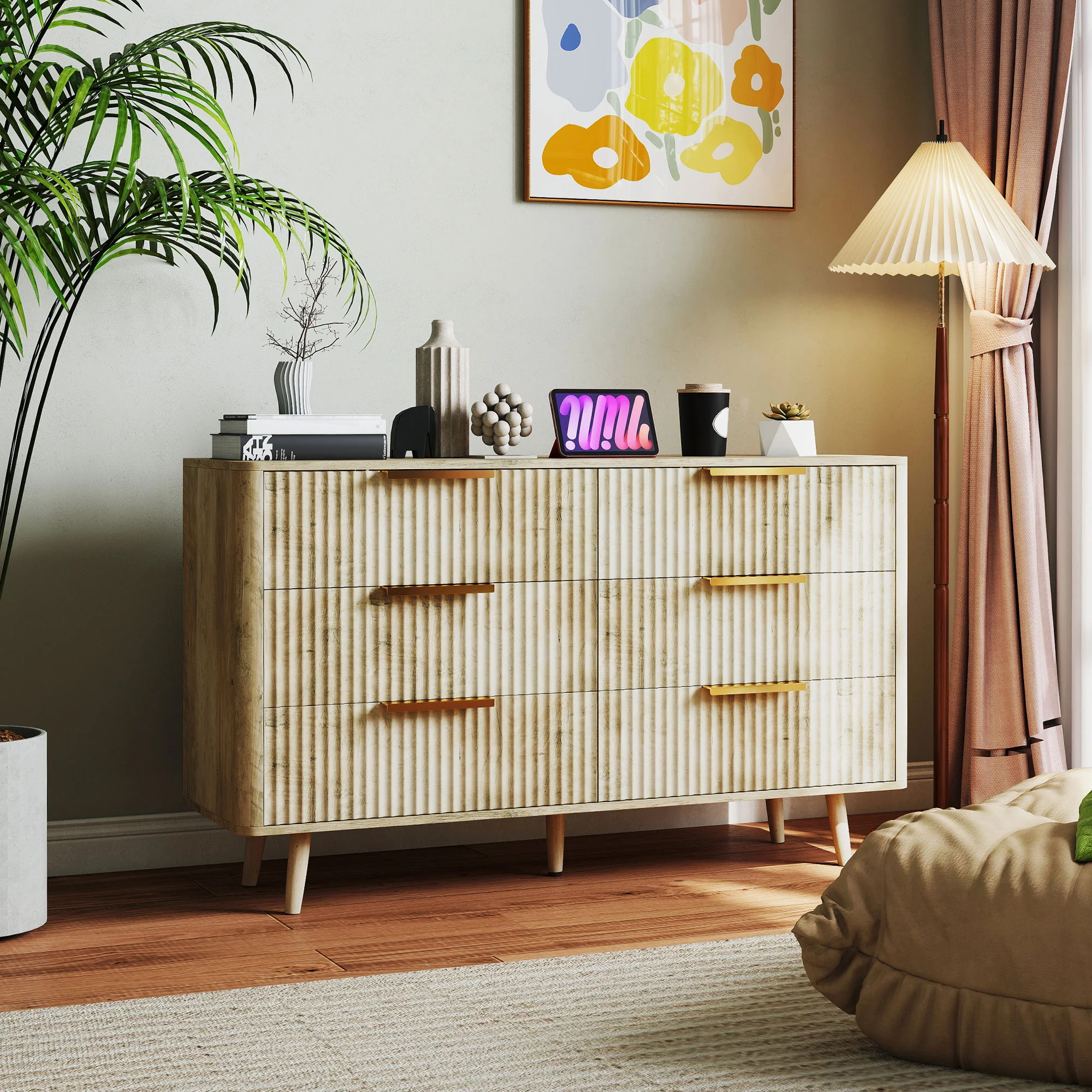 Commode 6 tiroirs meuble de rangement style scandinave avec poignées et pieds de pin, bois effet cannelé, commode chambre à coucher, salon, couloir - 120 x 40 x 76 cm, chêne - Image 3