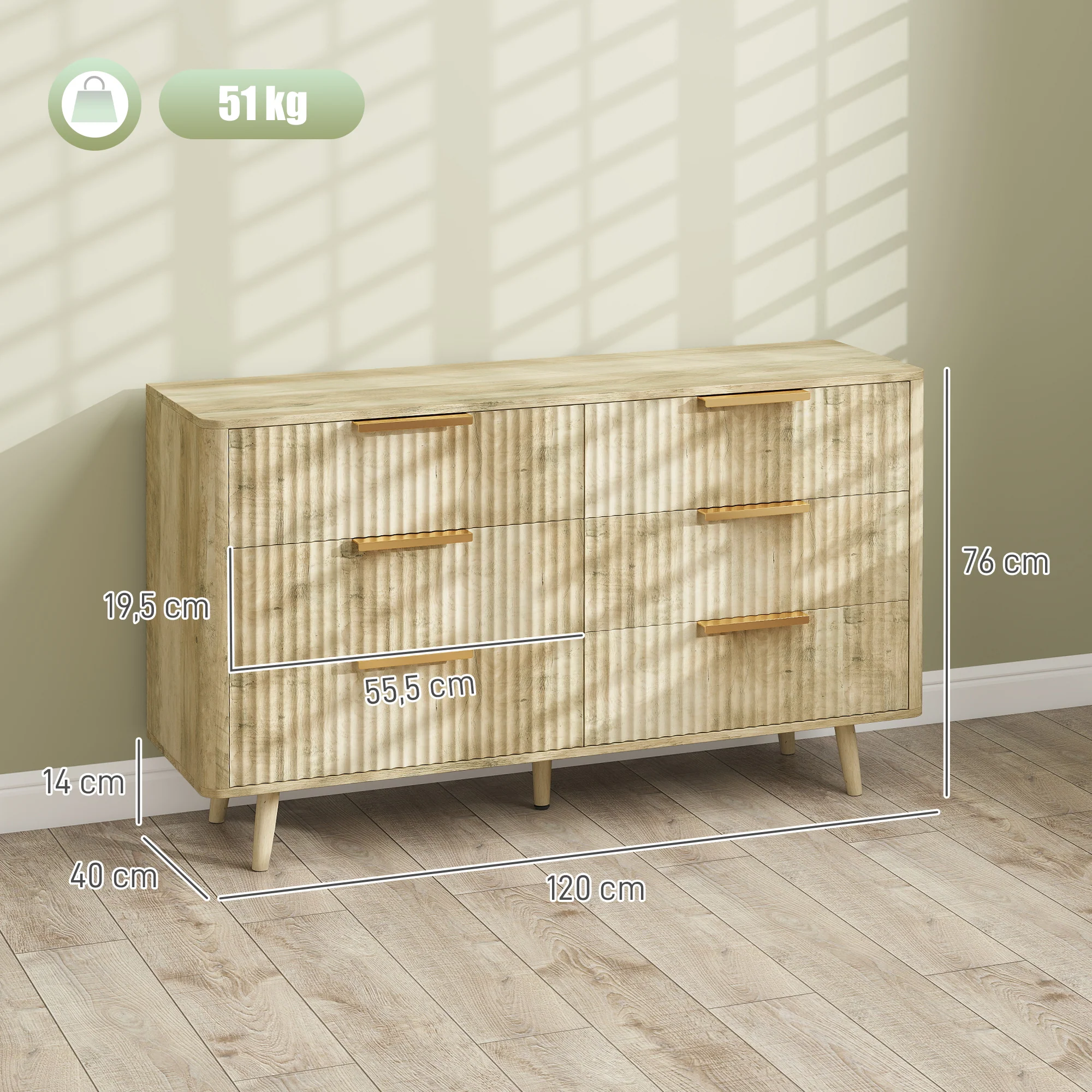 Commode 6 tiroirs meuble de rangement style scandinave avec poignées et pieds de pin, bois effet cannelé, commode chambre à coucher, salon, couloir - 120 x 40 x 76 cm, chêne - Image 4