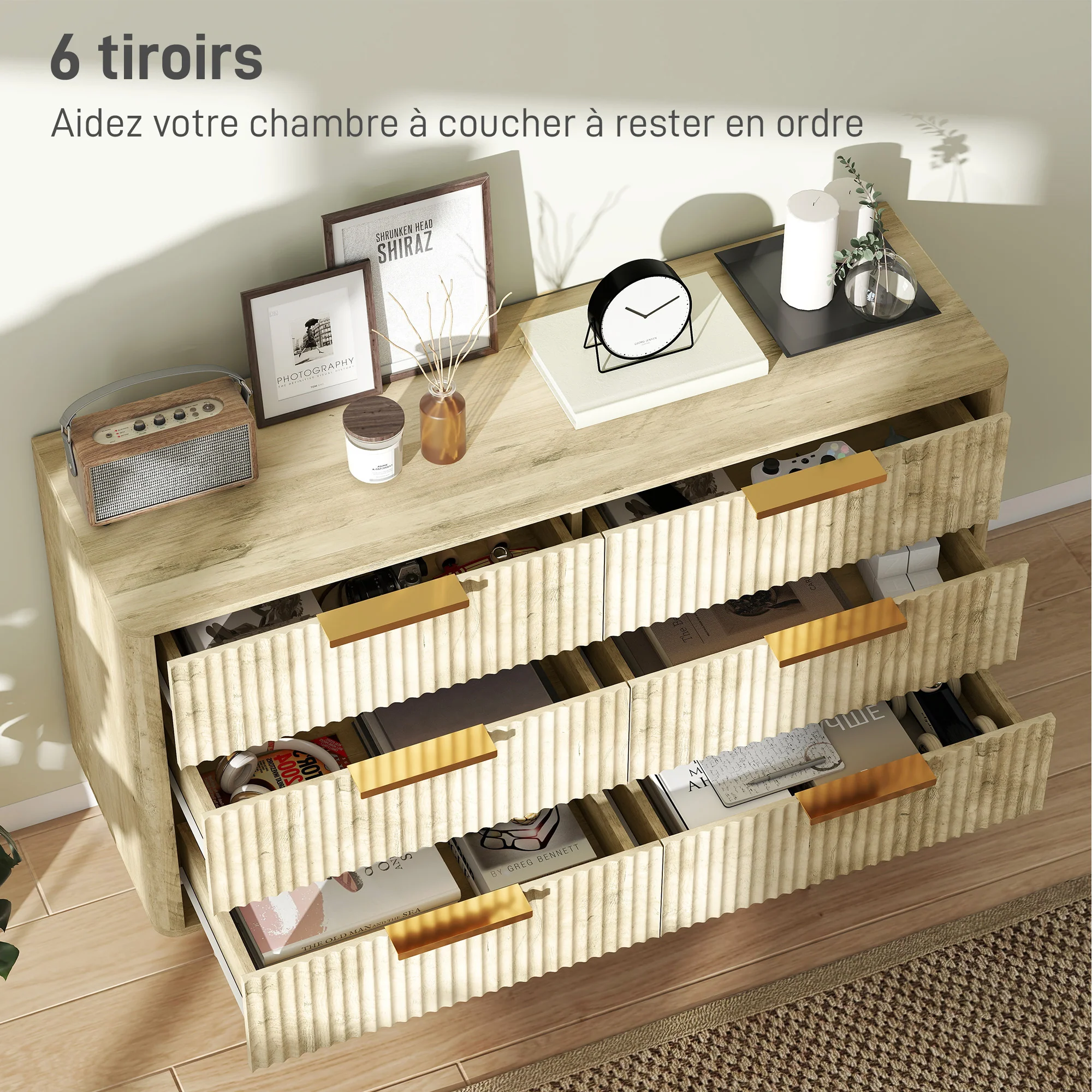 Commode 6 tiroirs meuble de rangement style scandinave avec poignées et pieds de pin, bois effet cannelé, commode chambre à coucher, salon, couloir - 120 x 40 x 76 cm, chêne - Image 5