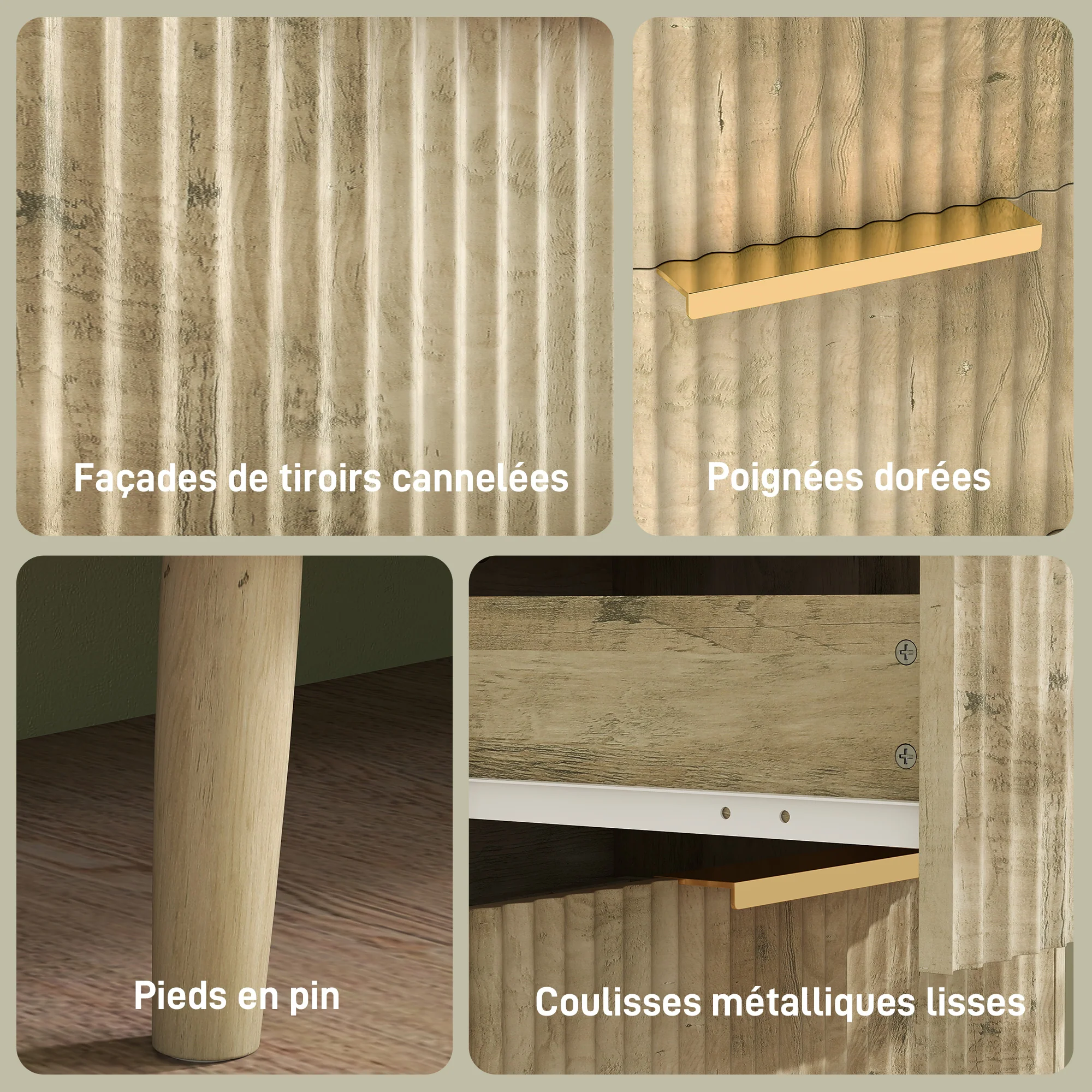 Commode 6 tiroirs meuble de rangement style scandinave avec poignées et pieds de pin, bois effet cannelé, commode chambre à coucher, salon, couloir - 120 x 40 x 76 cm, chêne - Image 7