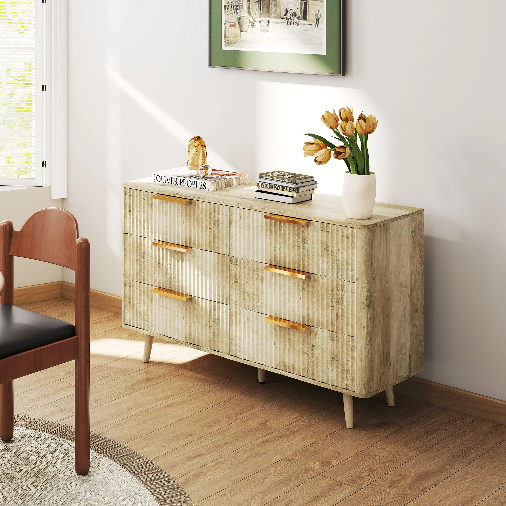 Commode 6 tiroirs meuble de rangement style scandinave avec poignées et pieds de pin, bois effet cannelé, commode chambre à coucher, salon, couloir - 120 x 40 x 76 cm, chêne - Image 9