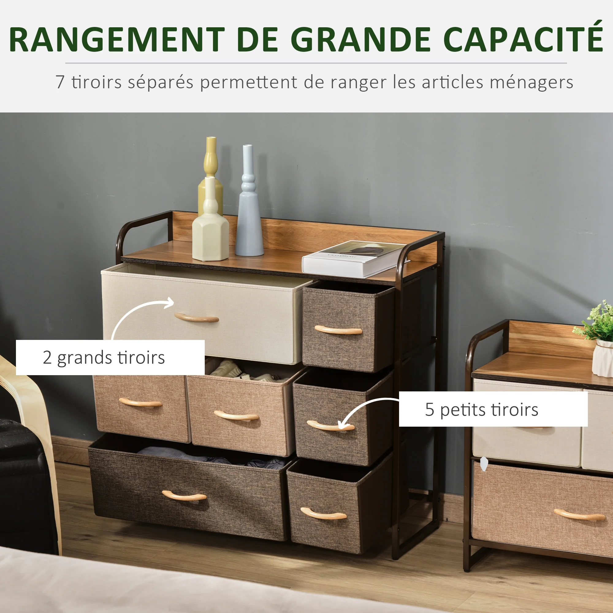 Commode 7 tiroirs meuble de rangement tiroir en tissu pliant - structure acier noir - 80L x 29l x 78,5H cm, chambre, entrée, salon, multicolore - Image 5