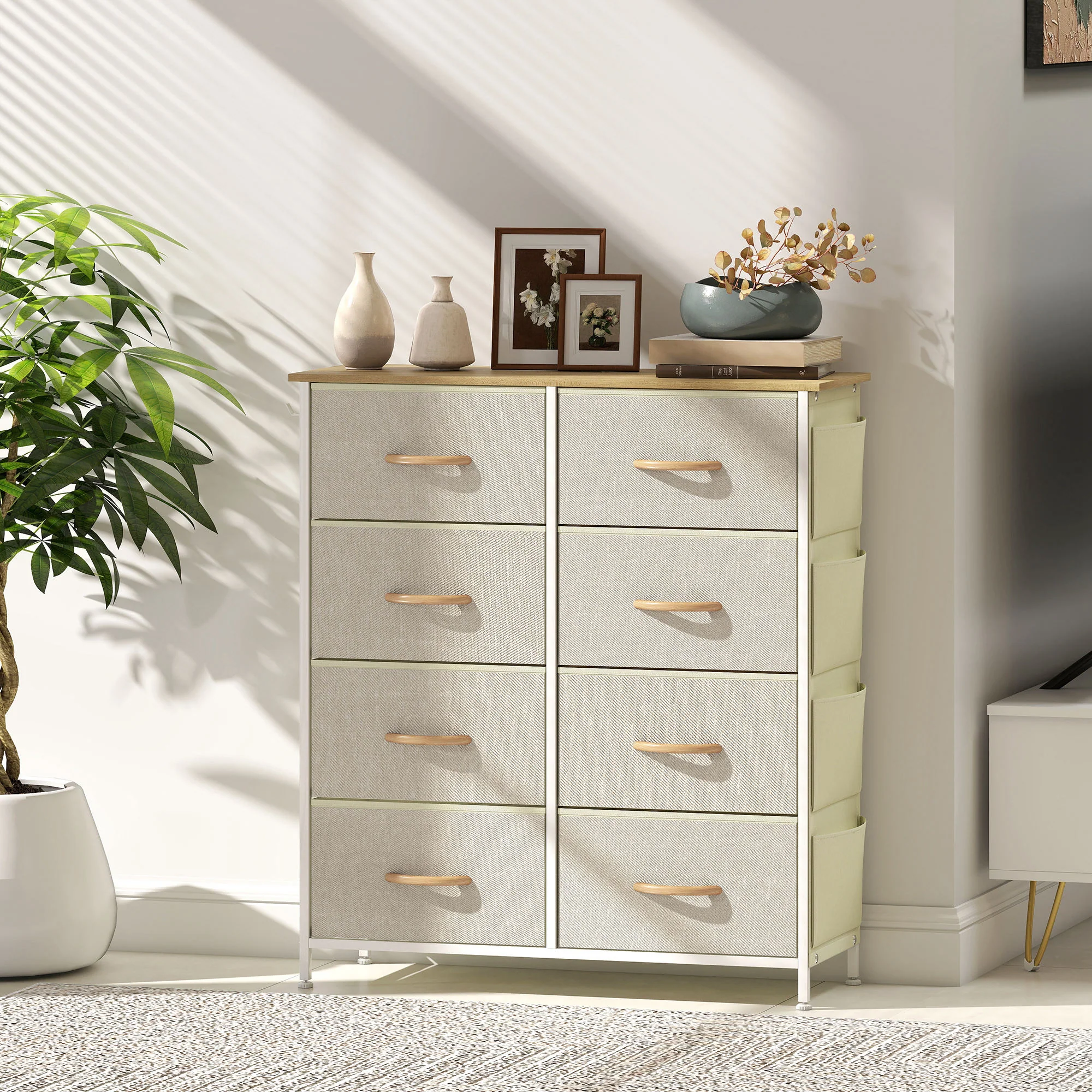 Commode 8 tiroirs en tissu, meuble de rangement avec 4 poches, 2 crochets, structure en acier, chiffonnier pour salon, chambre, entrée, beige - Image 10