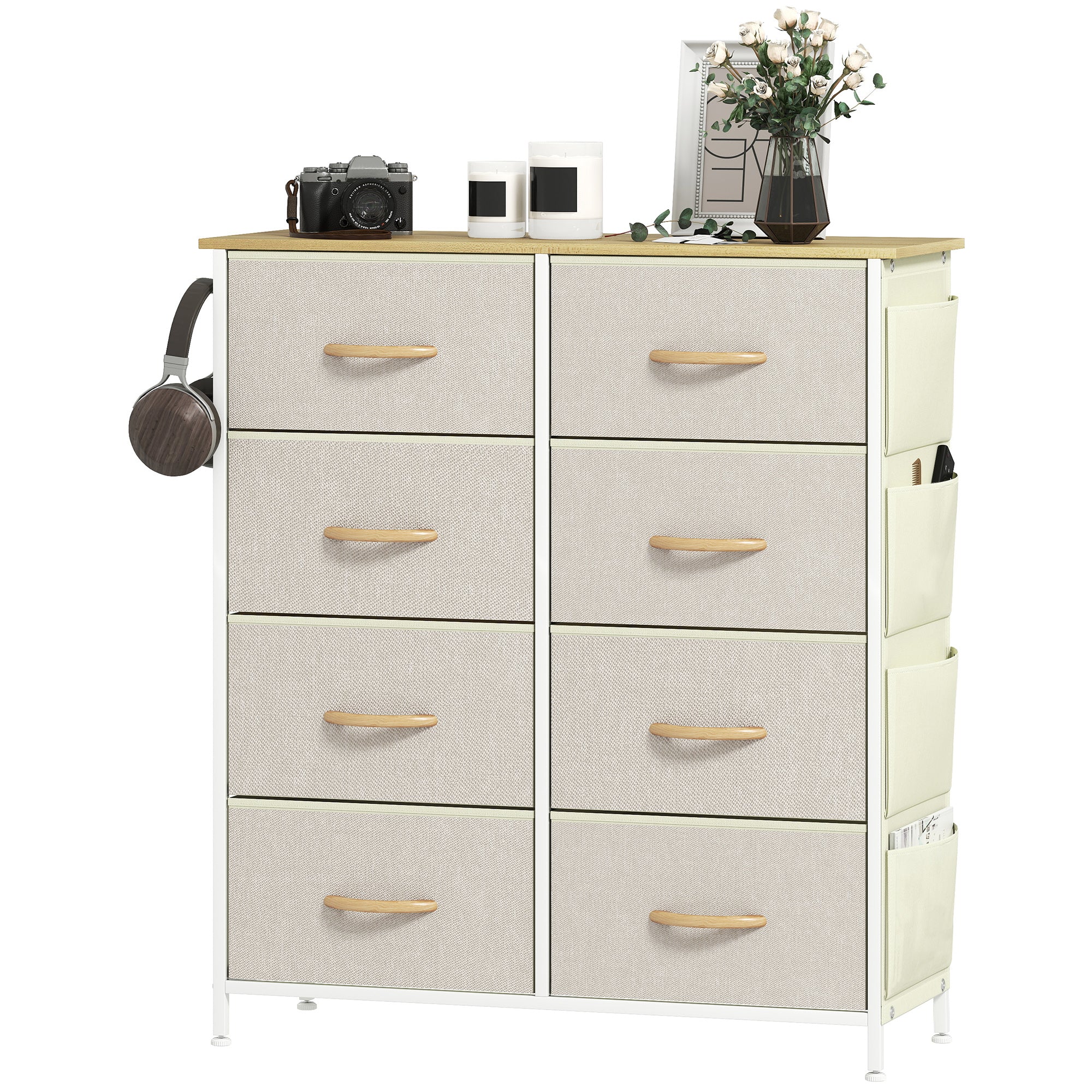 Commode 8 tiroirs en tissu, meuble de rangement avec 4 poches, 2 crochets, structure en acier, chiffonnier pour salon, chambre, entrée, beige - Image 11