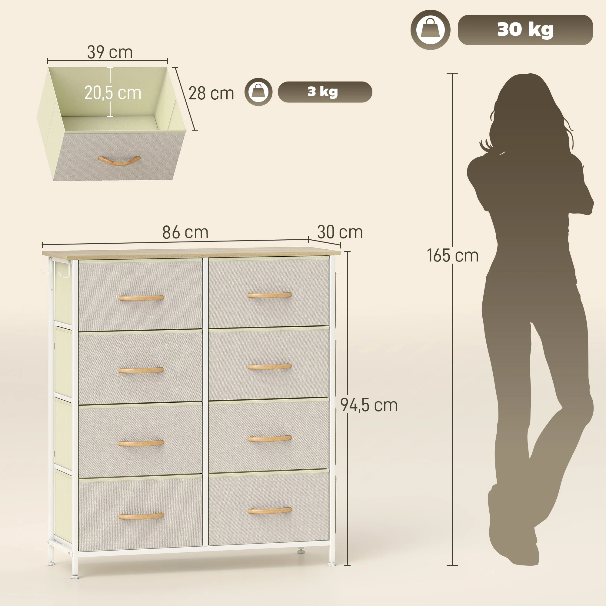 Commode 8 tiroirs en tissu, meuble de rangement avec 4 poches, 2 crochets, structure en acier, chiffonnier pour salon, chambre, entrée, beige - Image 4